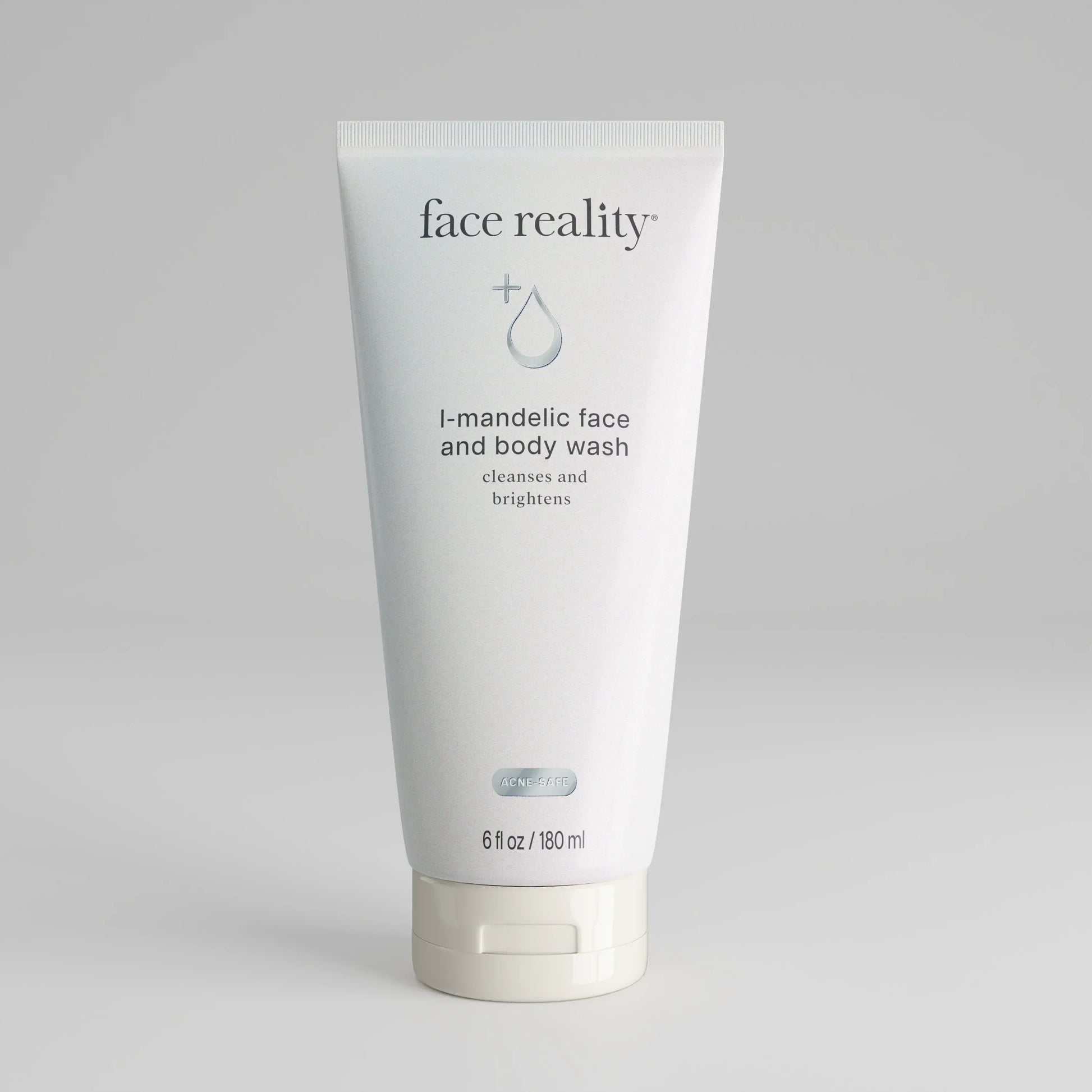 White tube of l-mandelic face and body wash, 6 fl oz, for cleansing and brightening skin