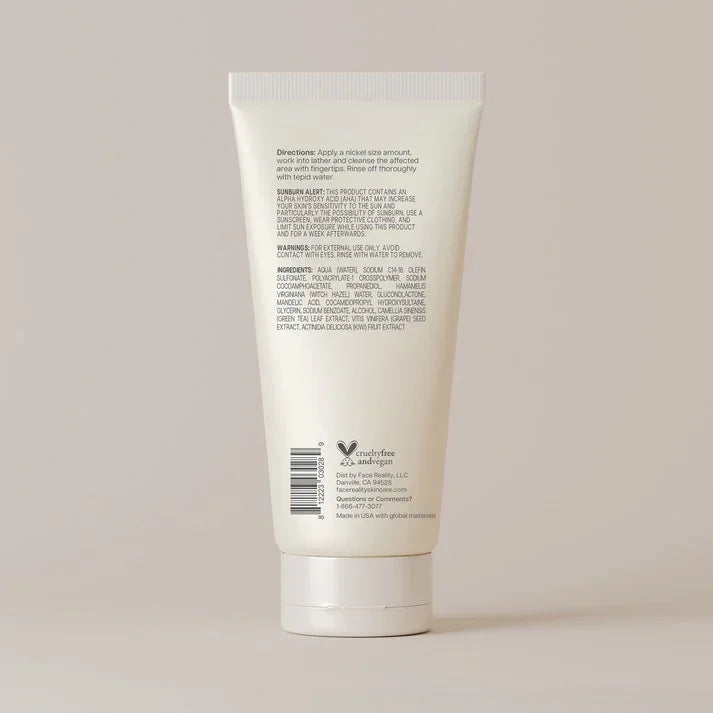 Back of skincare cleanser tube showing directions, ingredients, and cruelty-free label.