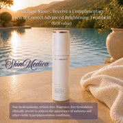 SkinMedica Even & Correct Advanced Brightening Treatment bottle by a luxury swimming pool