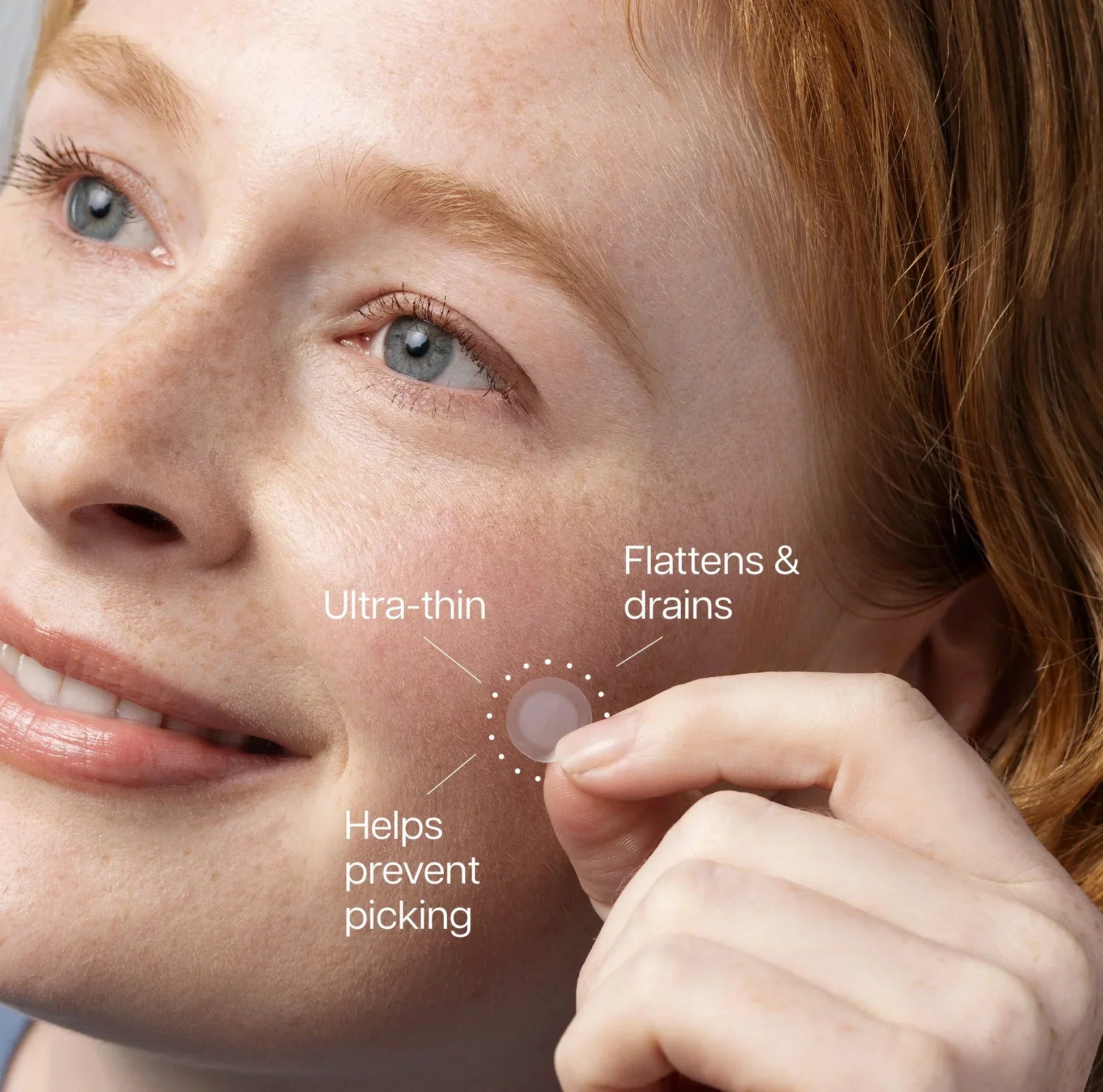 Woman applying ultra-thin acne patch to cheek with text highlighting patch benefits.