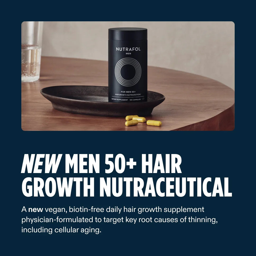Hair growth supplement for men 50+, bottle and capsules on table, product packaging visible.