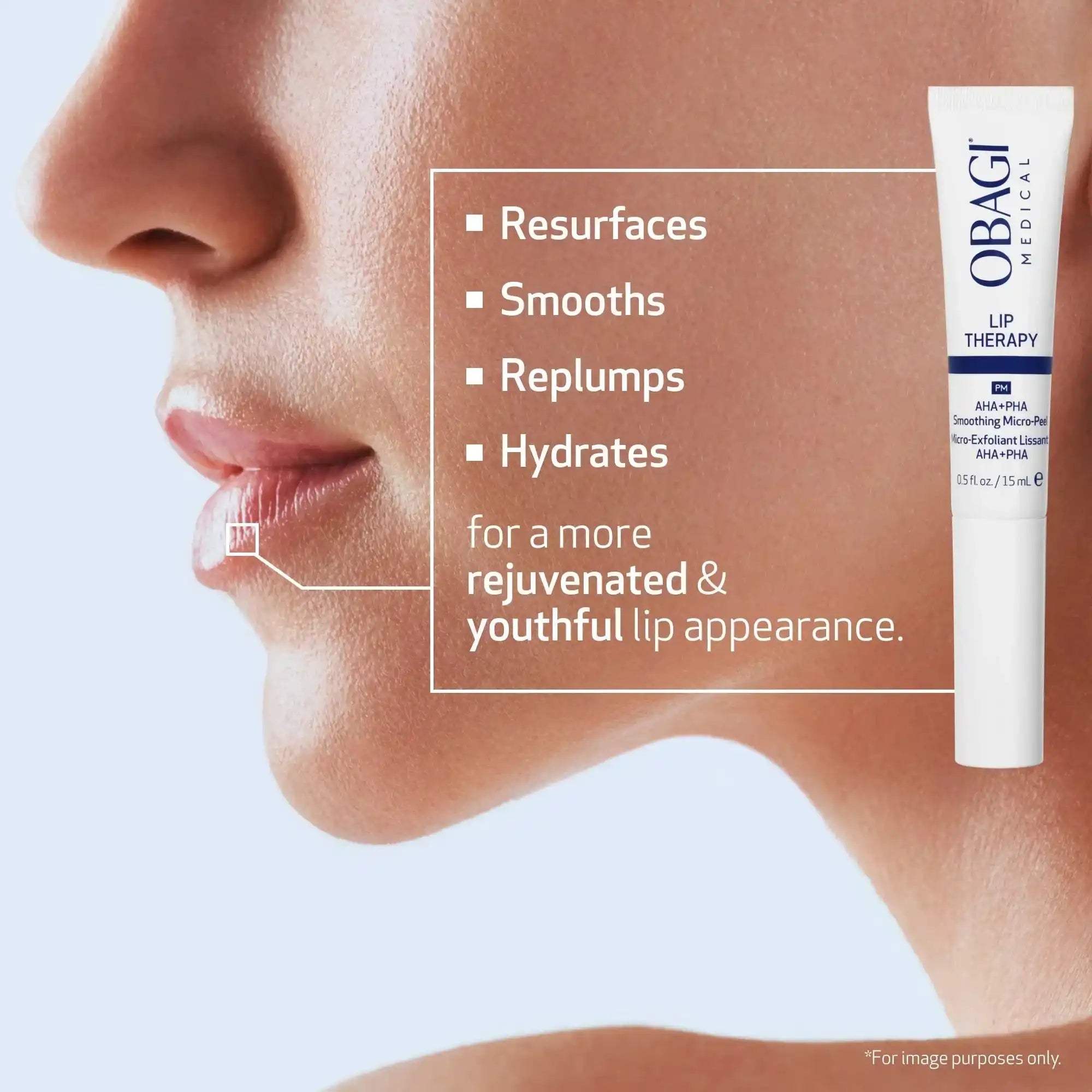 Lip therapy skincare product beside close-up of smooth, hydrated lips with benefits listed.