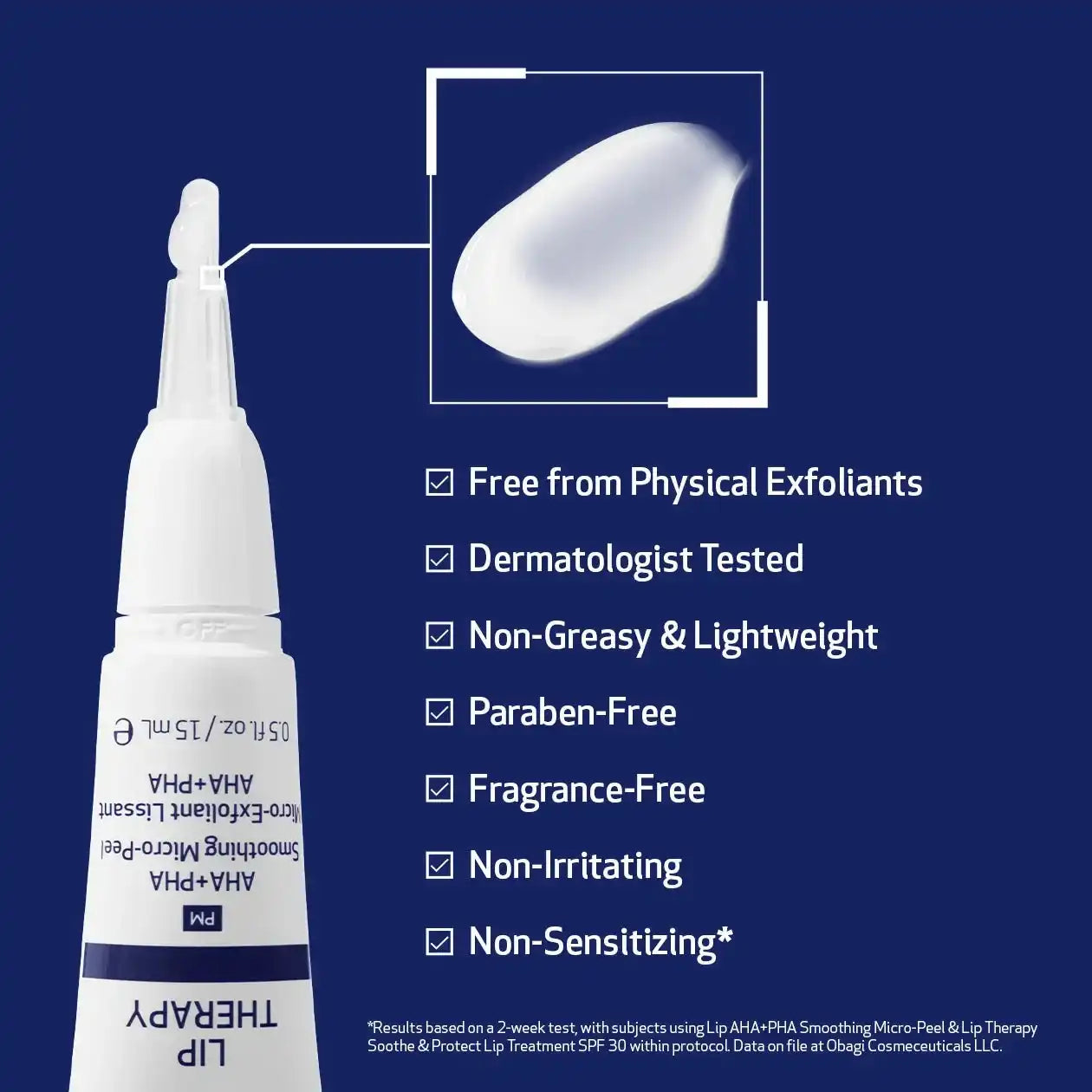 Smoothing lip therapy tube with cream texture, highlighting non-greasy, fragrance-free formula.