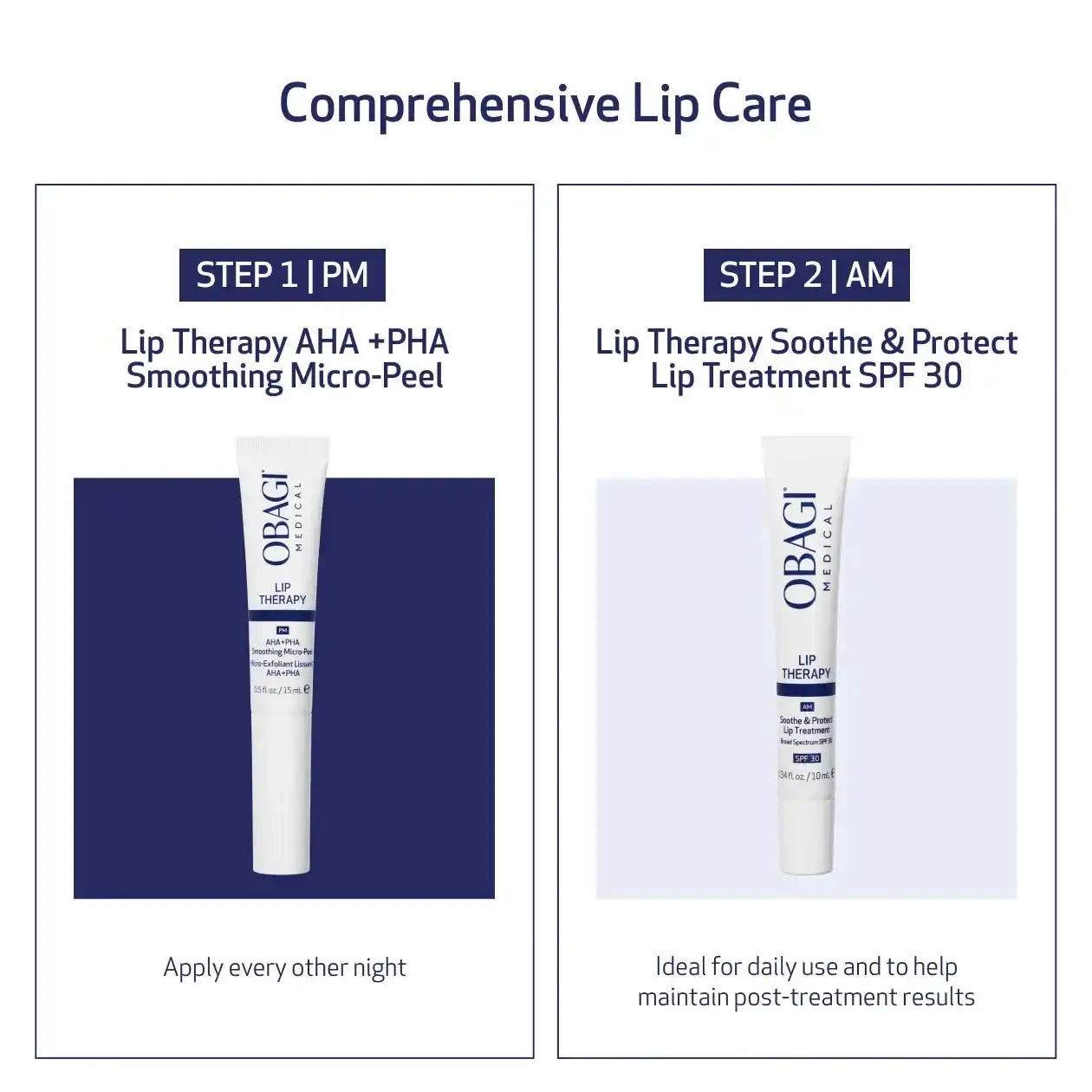 Two-step lip care routine with AHA PHA micro-peel and SPF 30 lip therapy treatment tubes.