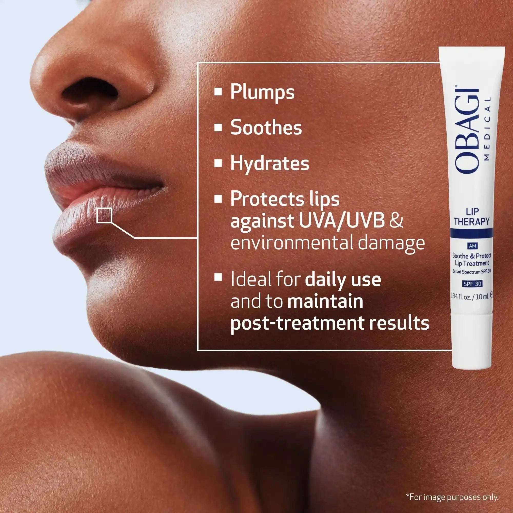 Close-up of woman's lips with Obagi Medical Lip Therapy SPF 30 shown, highlighting lip care benefits.