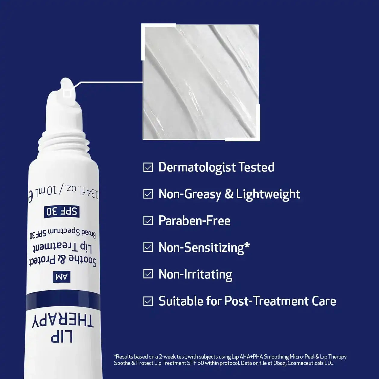 Lip treatment tube with angled applicator, texture sample, SPF 30, dermatologist tested, paraben-free.