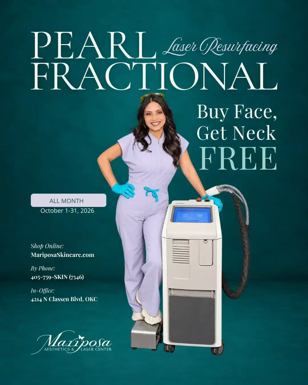 Woman in purple scrubs with a Pearl Fractional laser machine for a skincare promotion.