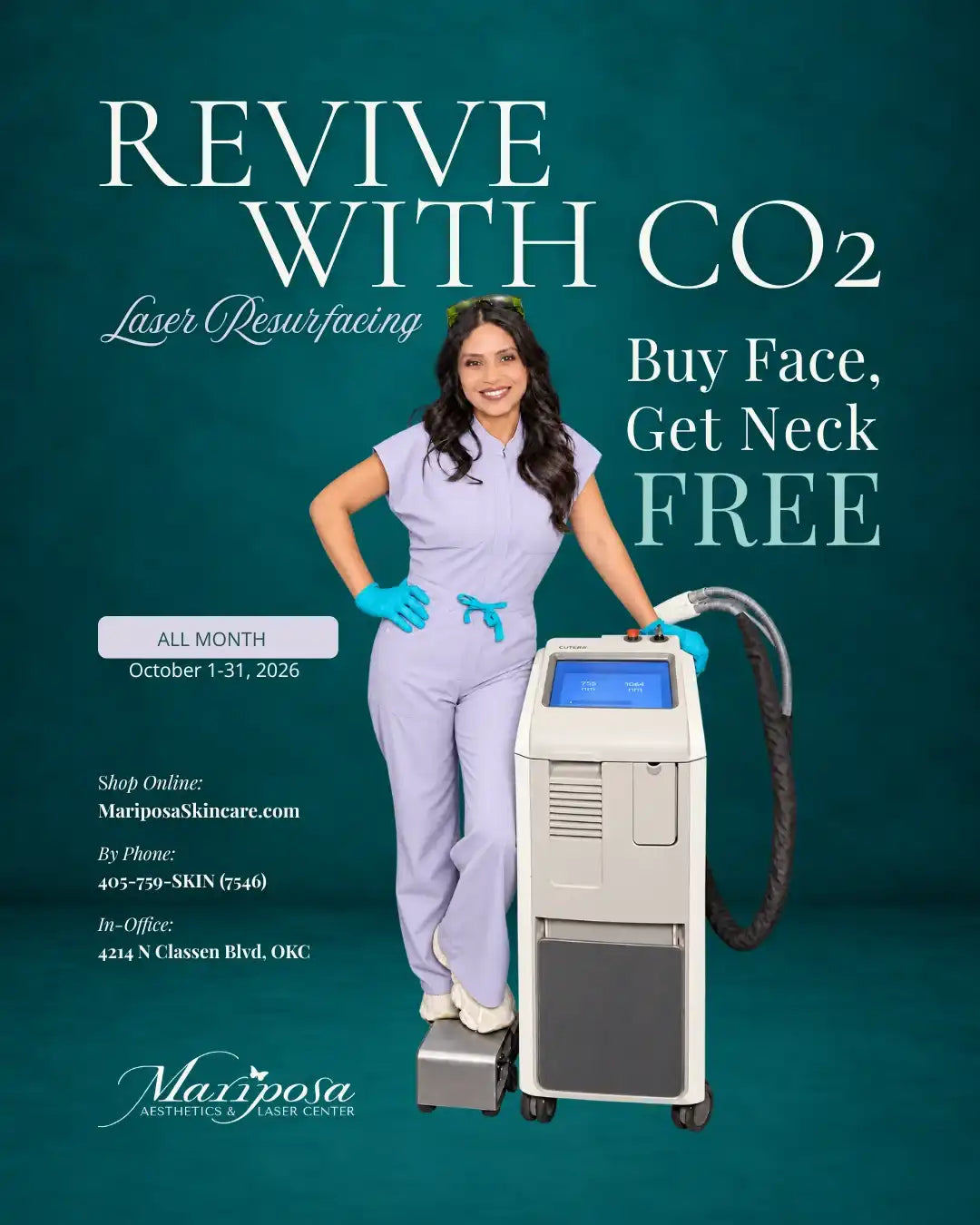 Promotional ad for CO2 laser resurfacing: buy face, get neck free at Mariposa Aesthetics.