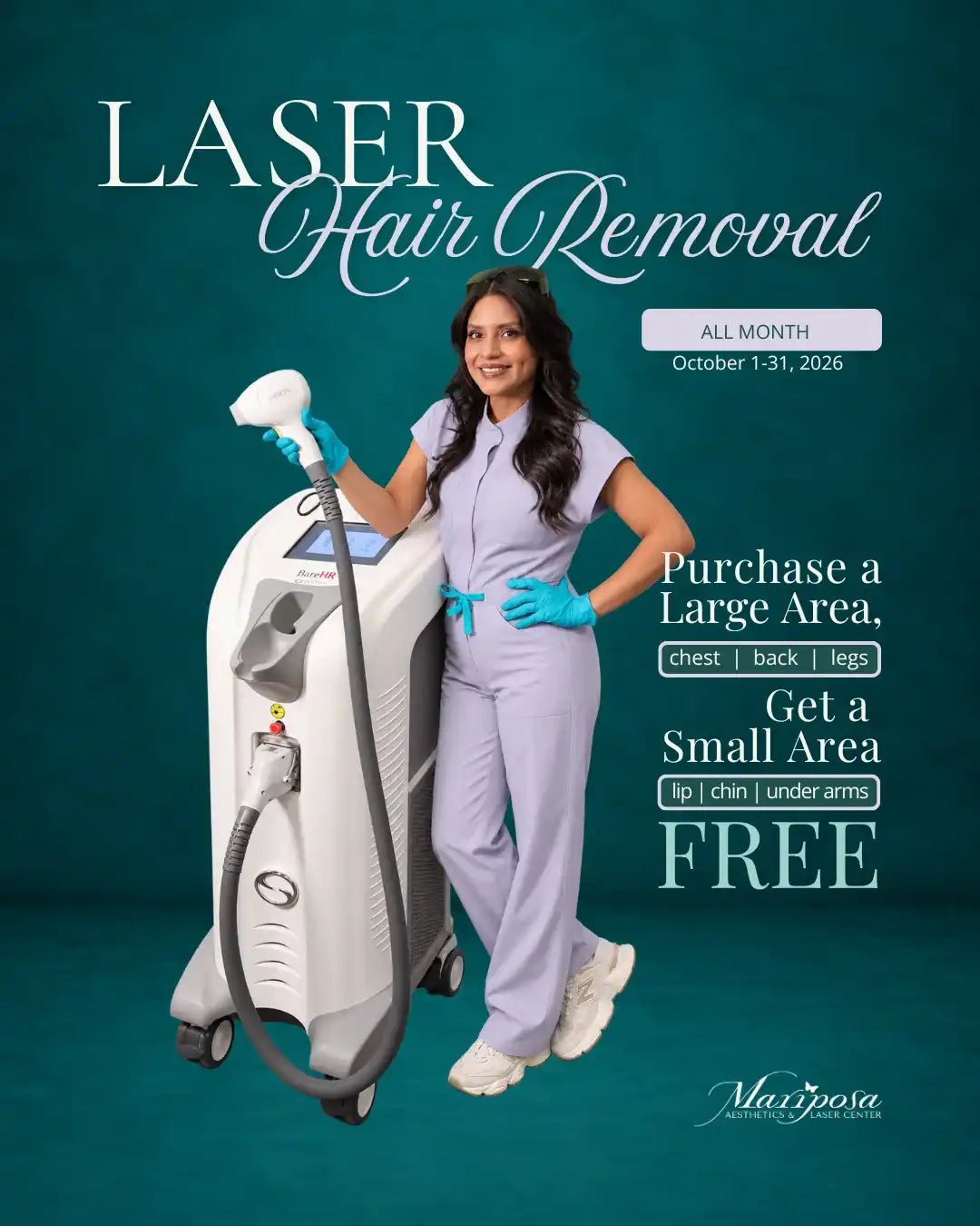 A professional aesthetician posing with a RaveHR laser hair removal machine for a special offer.