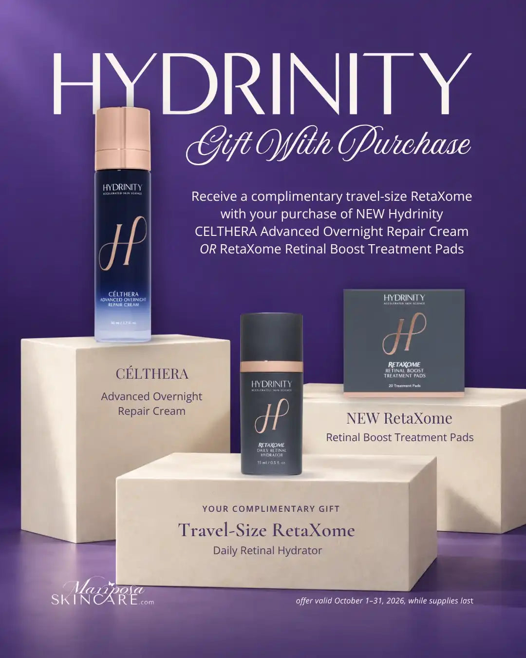 Hydrinity Célthera Overnight Repair Cream and Retaxome Retinal Boost pads gift set on purple background.