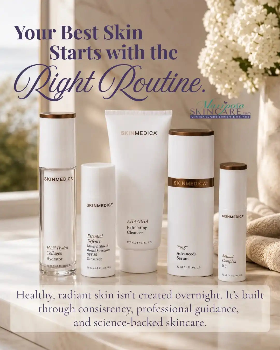 SkinMedica skincare routine set including Hydra Collagen Hydrator, Sunscreen, Cleanser, and Serum.