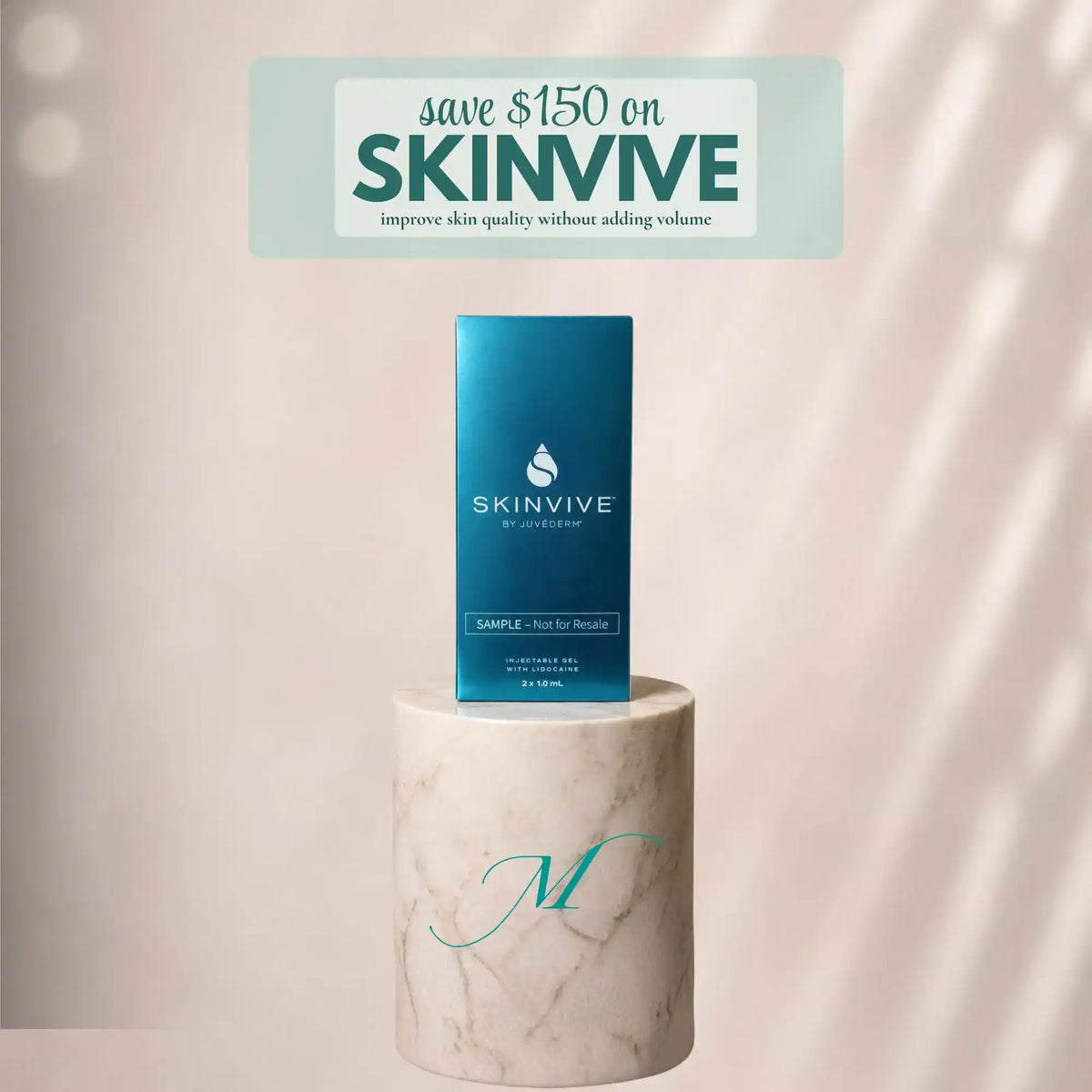 Skinvive injectable gel box on a marble pedestal with a promotional discount text banner.