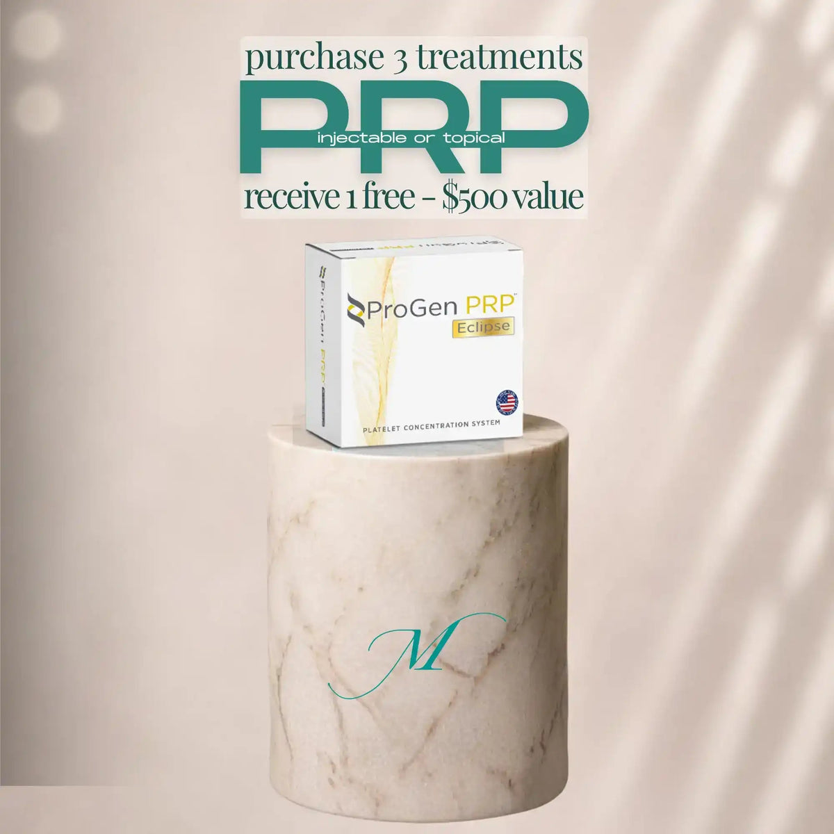 ProGen PRP Eclipse Platelet Concentration System on a marble pedestal with a promotional offer.
