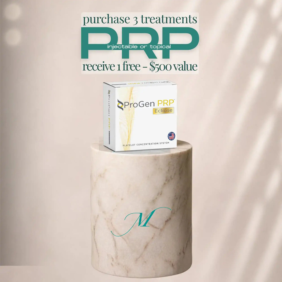 ProGen PRP Eclipse Platelet Concentration System on a marble pedestal with a promotional offer.