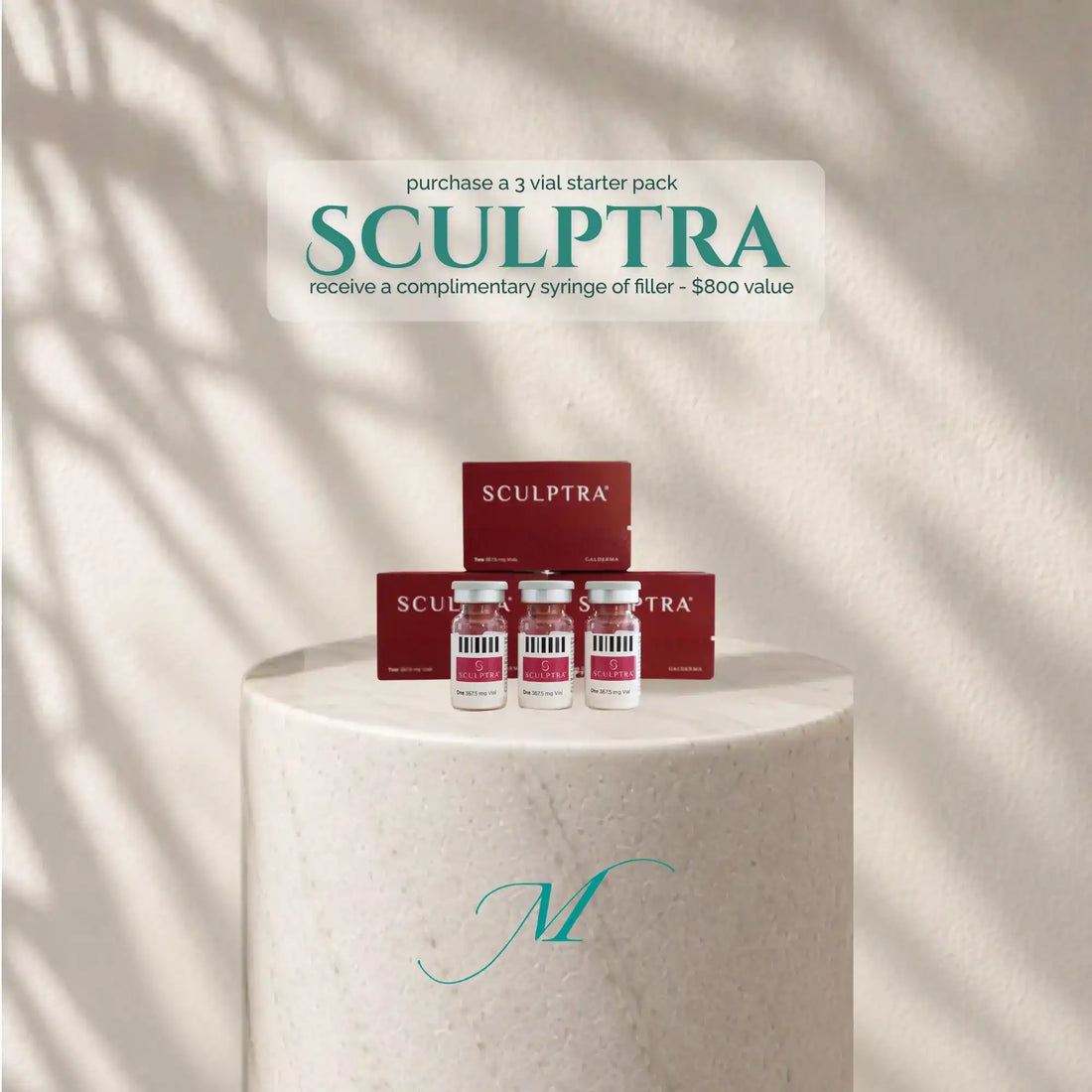 Three Sculptra vials on a white pedestal with a promotional offer overlay.