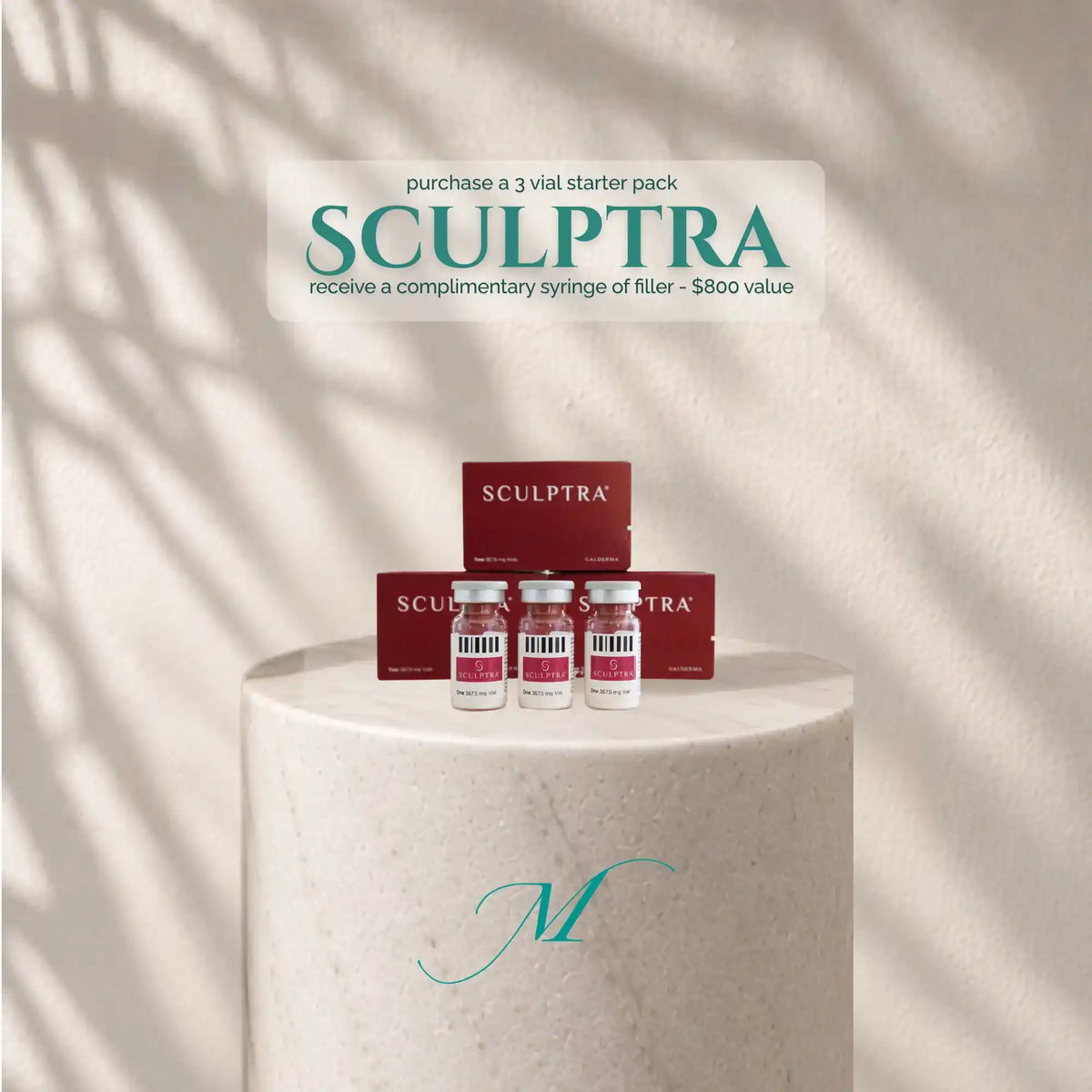 Three Sculptra vials on a white pedestal with a promotional offer overlay.