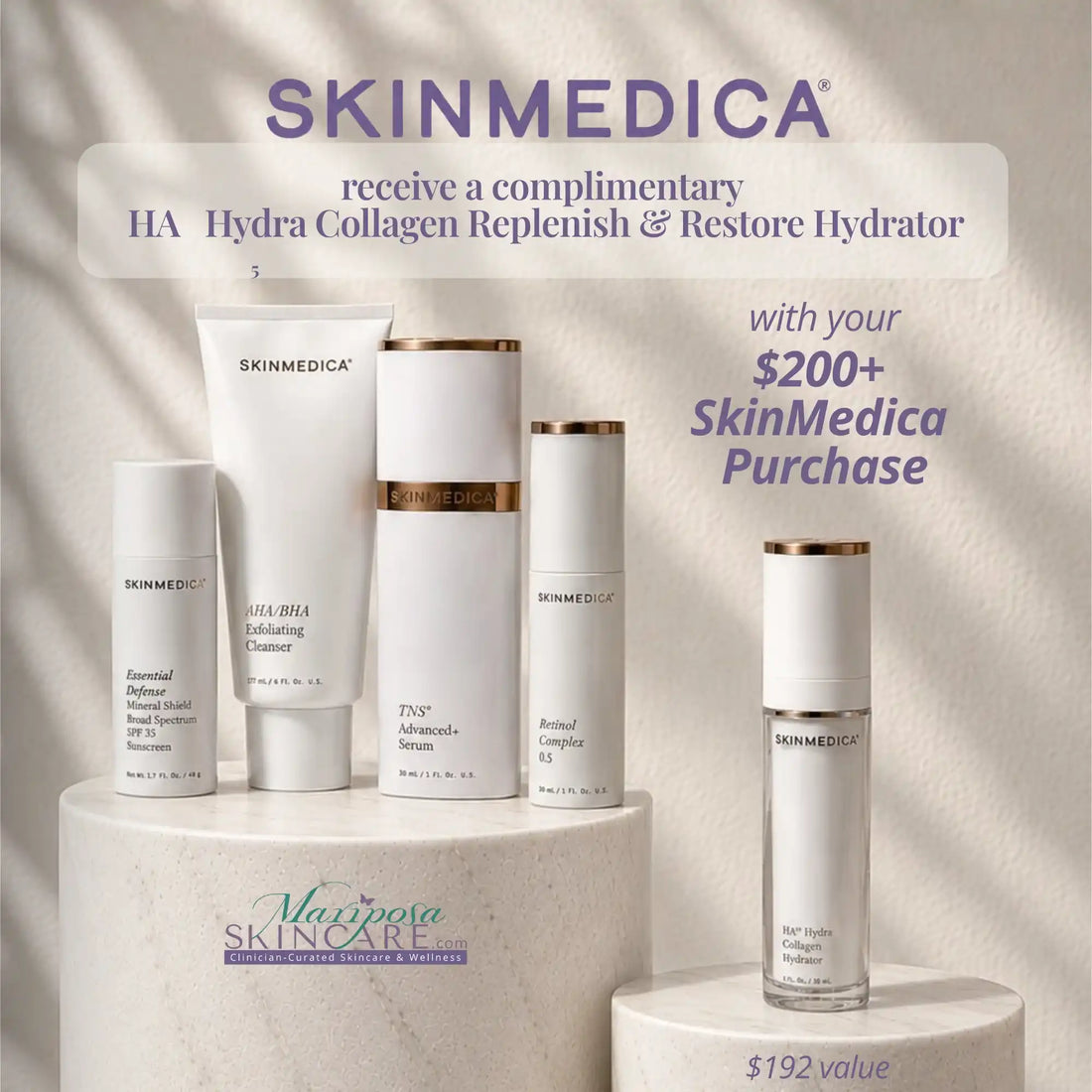 SkinMedica skincare products including cleanser, serum, and sunscreen with a free hydrator gift.
