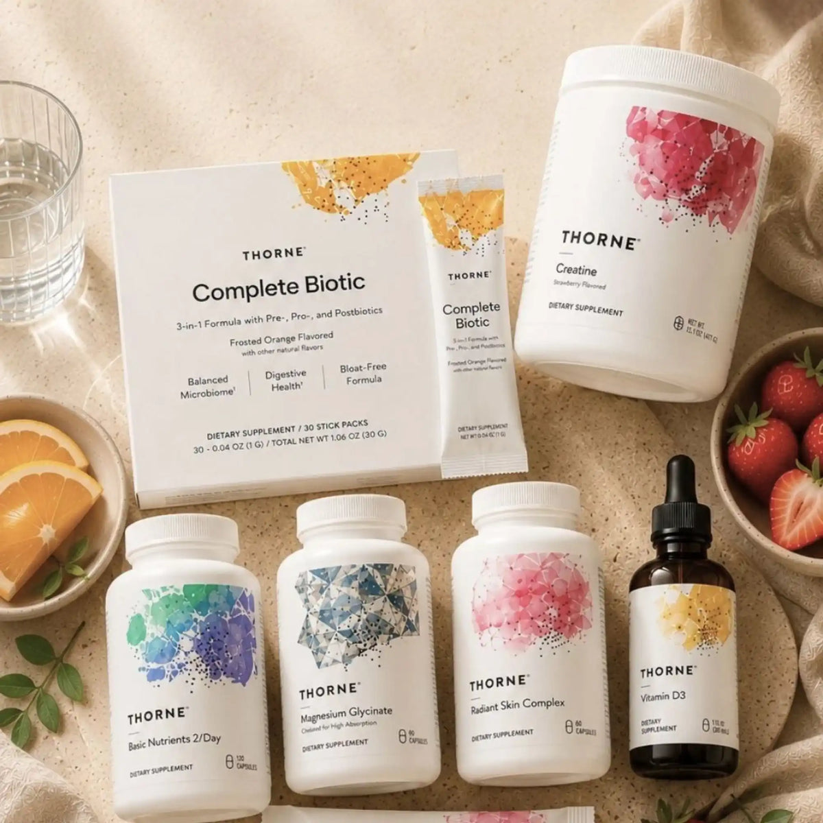 Thorne dietary supplements including Complete Biotic, Magnesium Glycinate, and Vitamin D3 bottles.