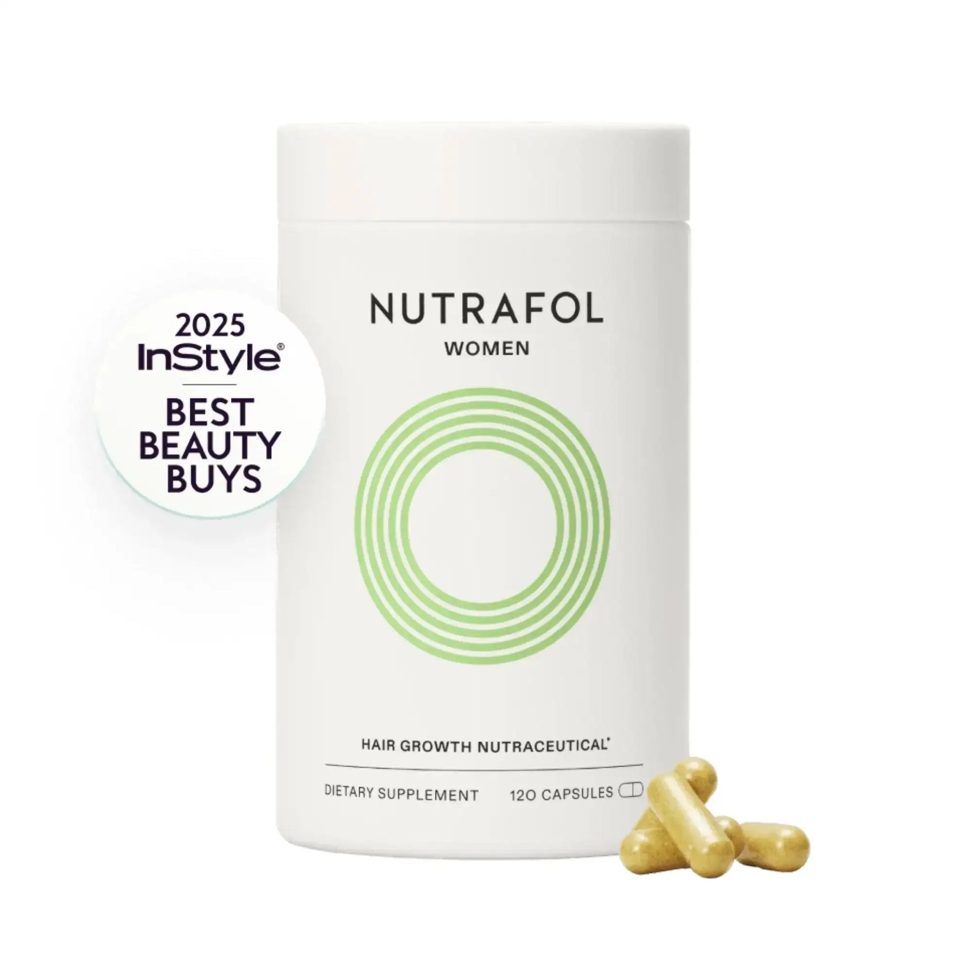 Nutrafol Women hair growth supplement bottle with capsules and 2025 InStyle Best Beauty Buys badge