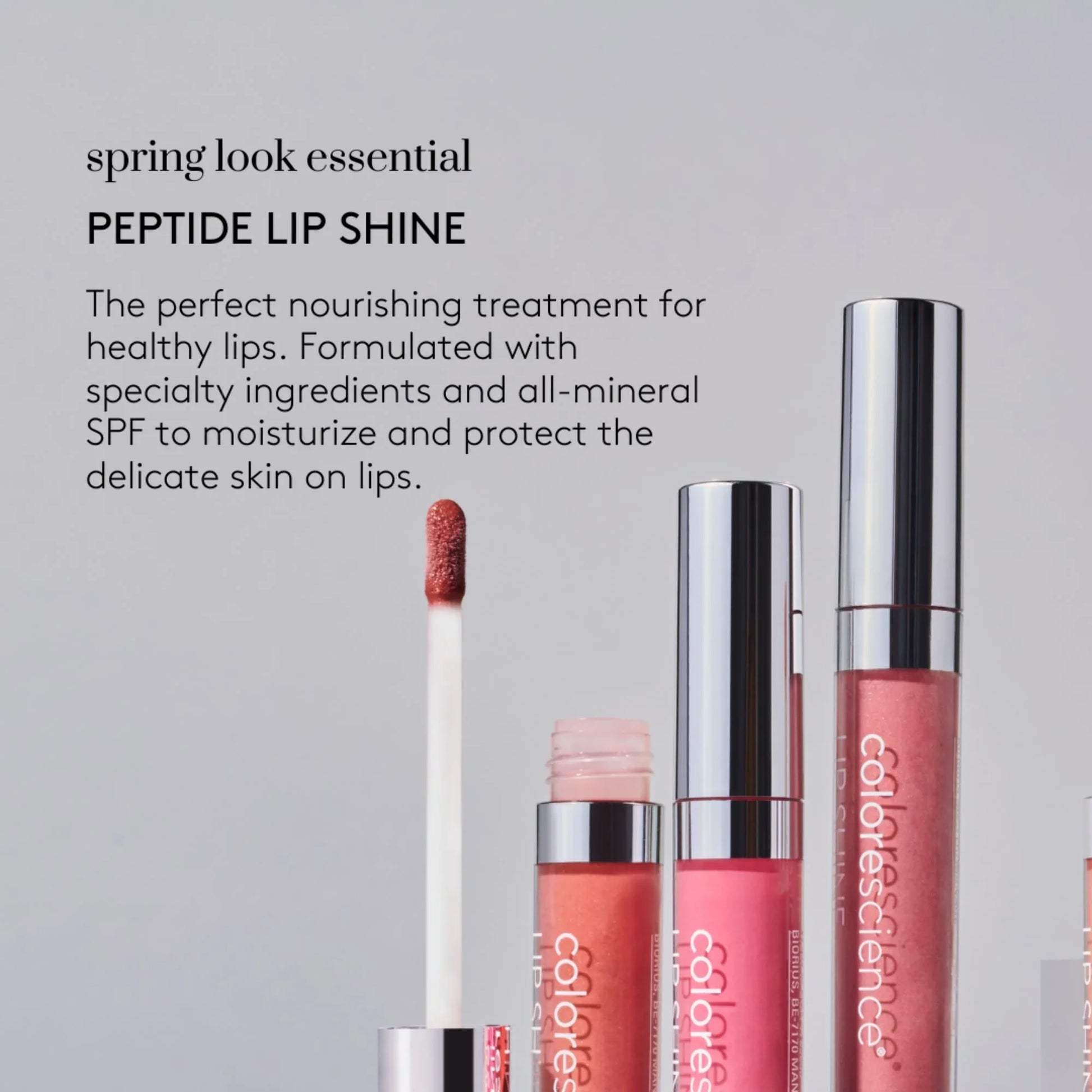 Peptide Lip Shine lip gloss collection with applicator, nourishing SPF lip treatment.