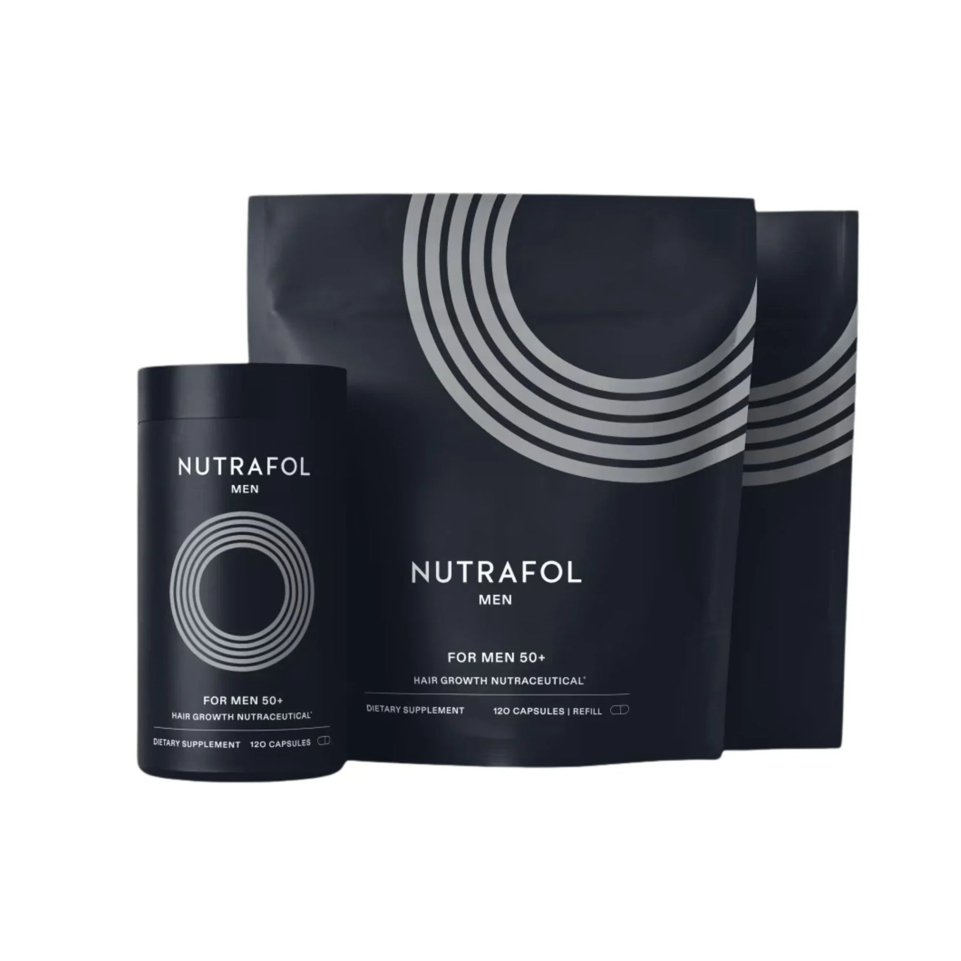 Nutrafol Men 50+ hair growth supplement and refill bags, dietary capsules, black packaging