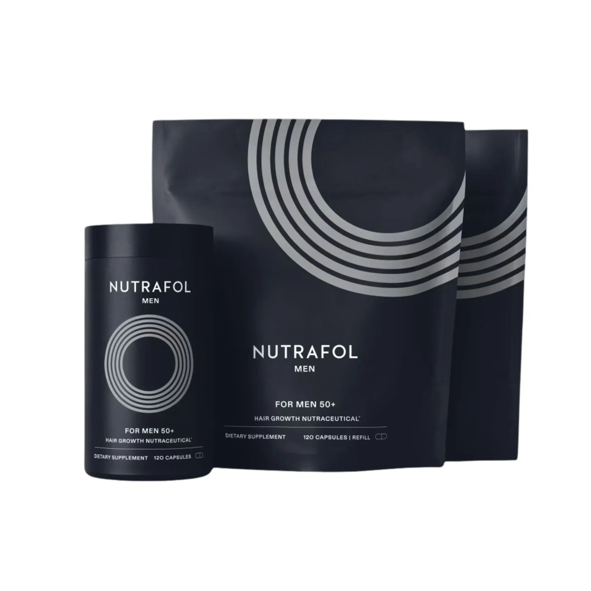 Nutrafol Men 50+ hair growth supplement and refill bags, dietary capsules, black packaging