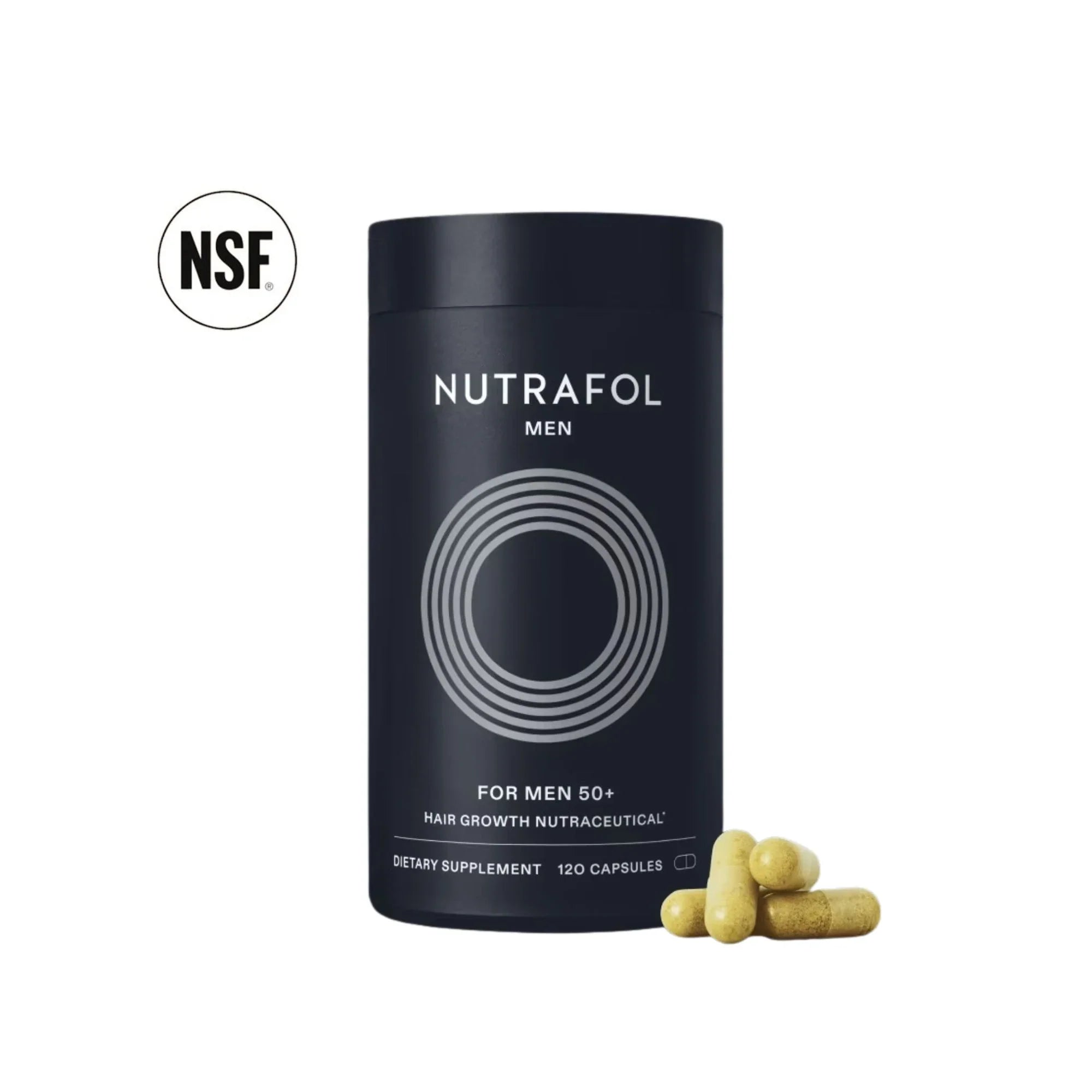 Nutrafol Men hair growth supplement bottle with capsules, dietary supplement, NSF certified