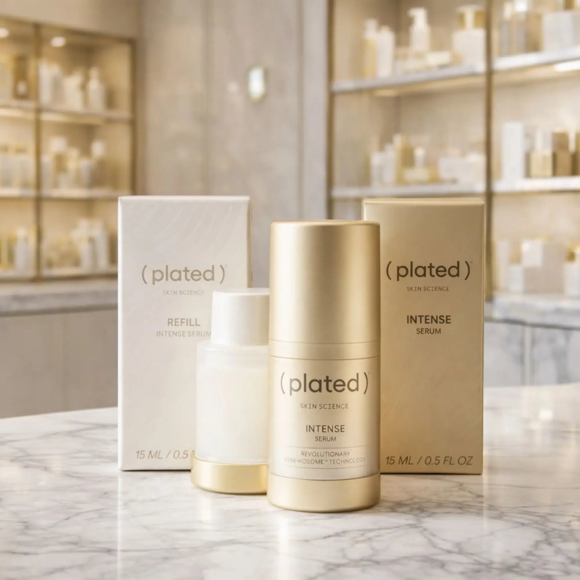 Plated Skin Science Intense Serum and refill bottles on marble counter in modern skincare store