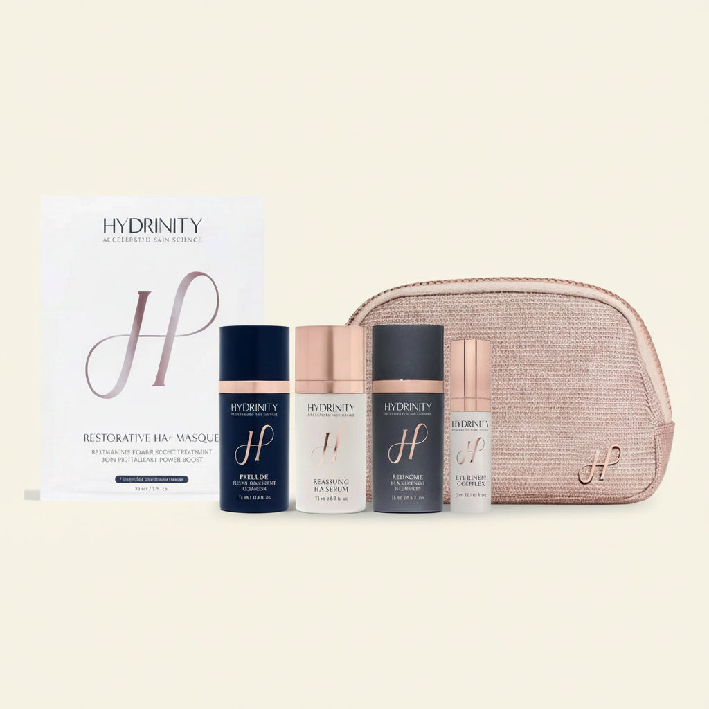 Hydrinity skincare travel kit with masque, serums, cleanser, and textured cosmetic bag
