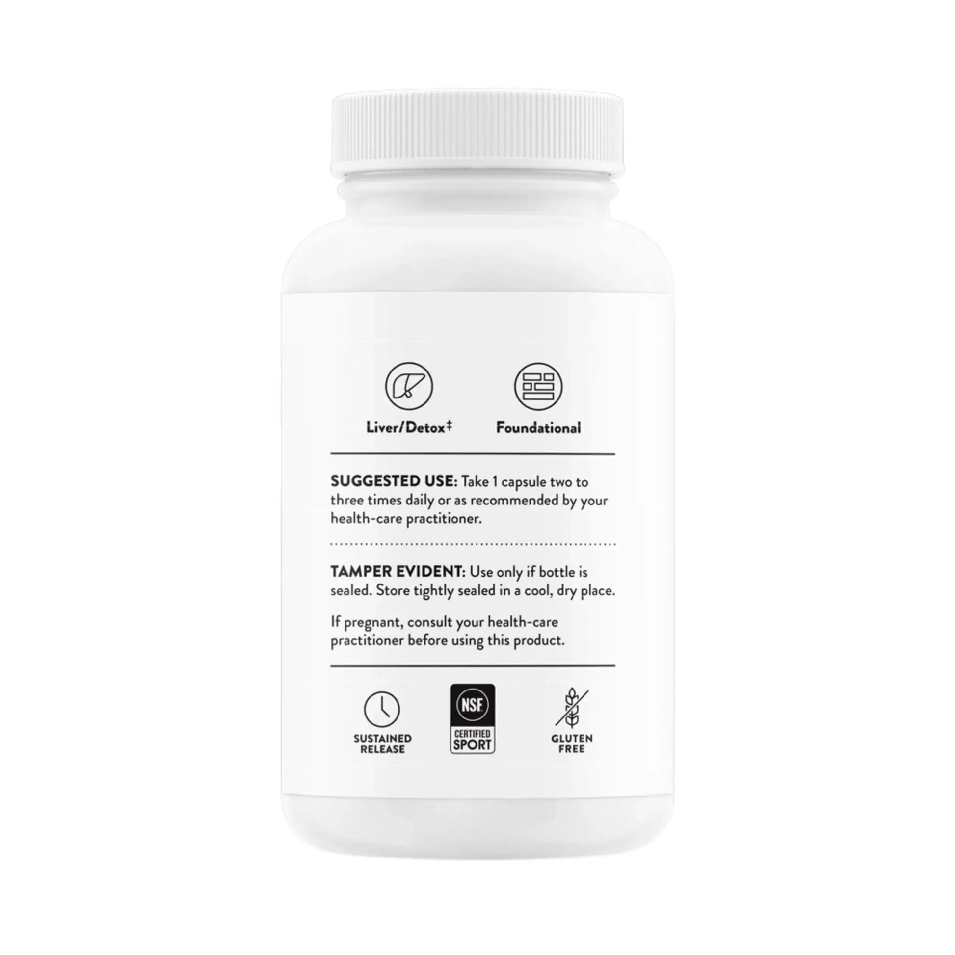 Liver detox supplement bottle with foundational health benefits, gluten-free, sustained release
