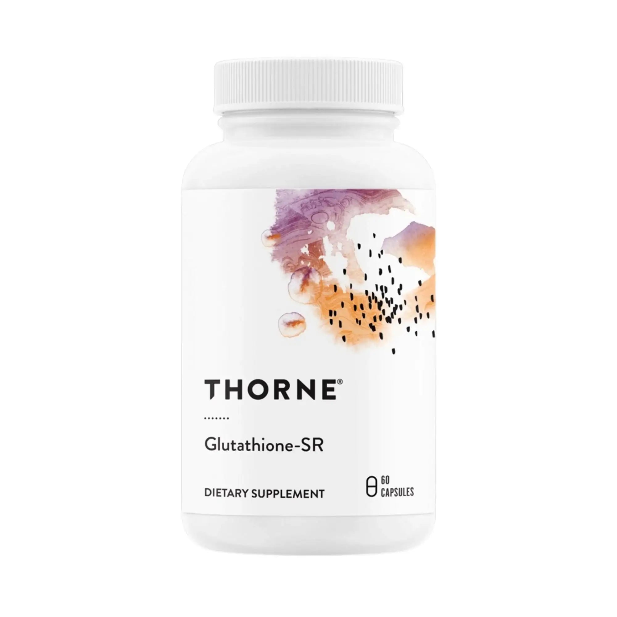 Thorne Glutathione-SR dietary supplement bottle with 60 capsules, featuring watercolor design