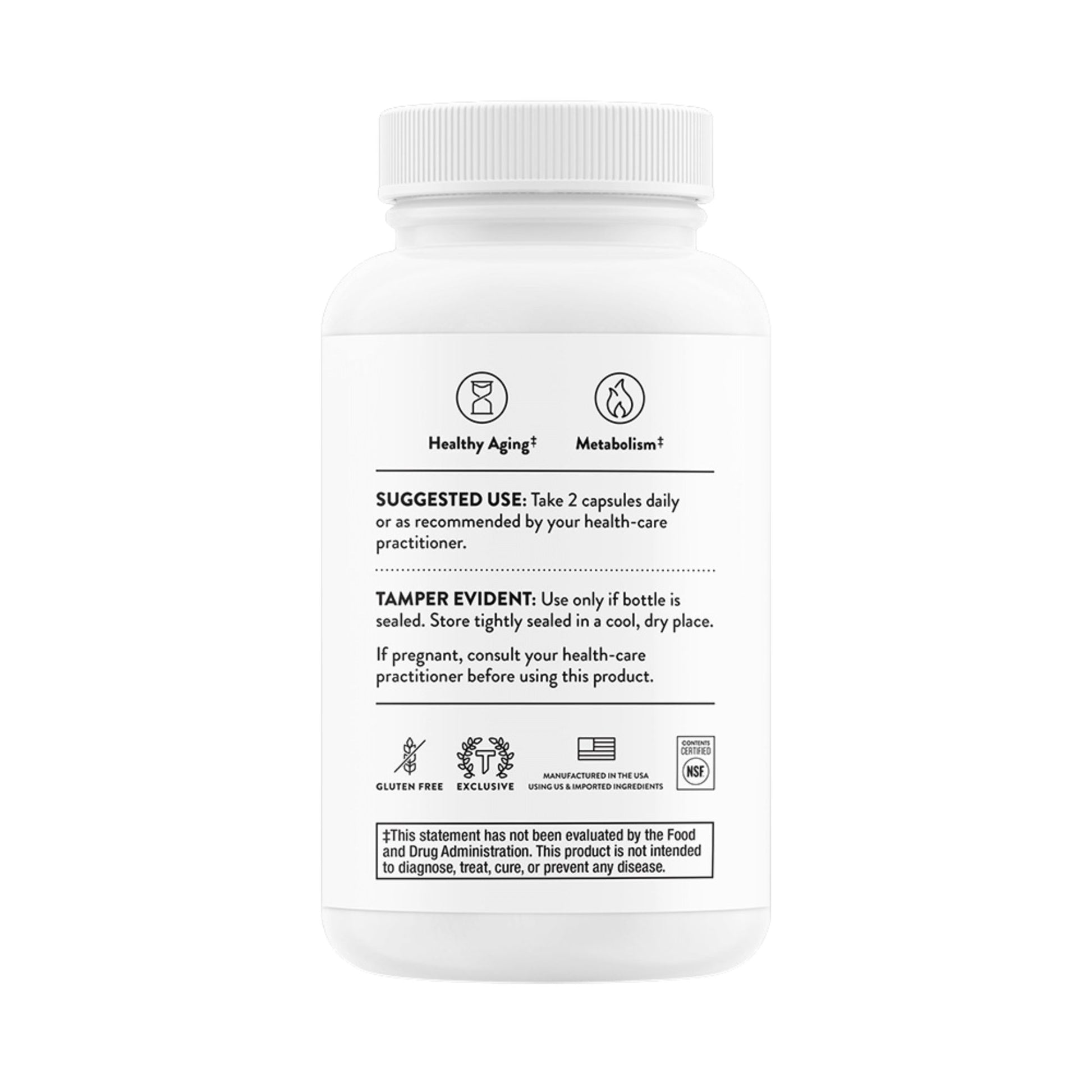 White supplement bottle for healthy aging and metabolism, gluten-free, NSF certified, USA-made