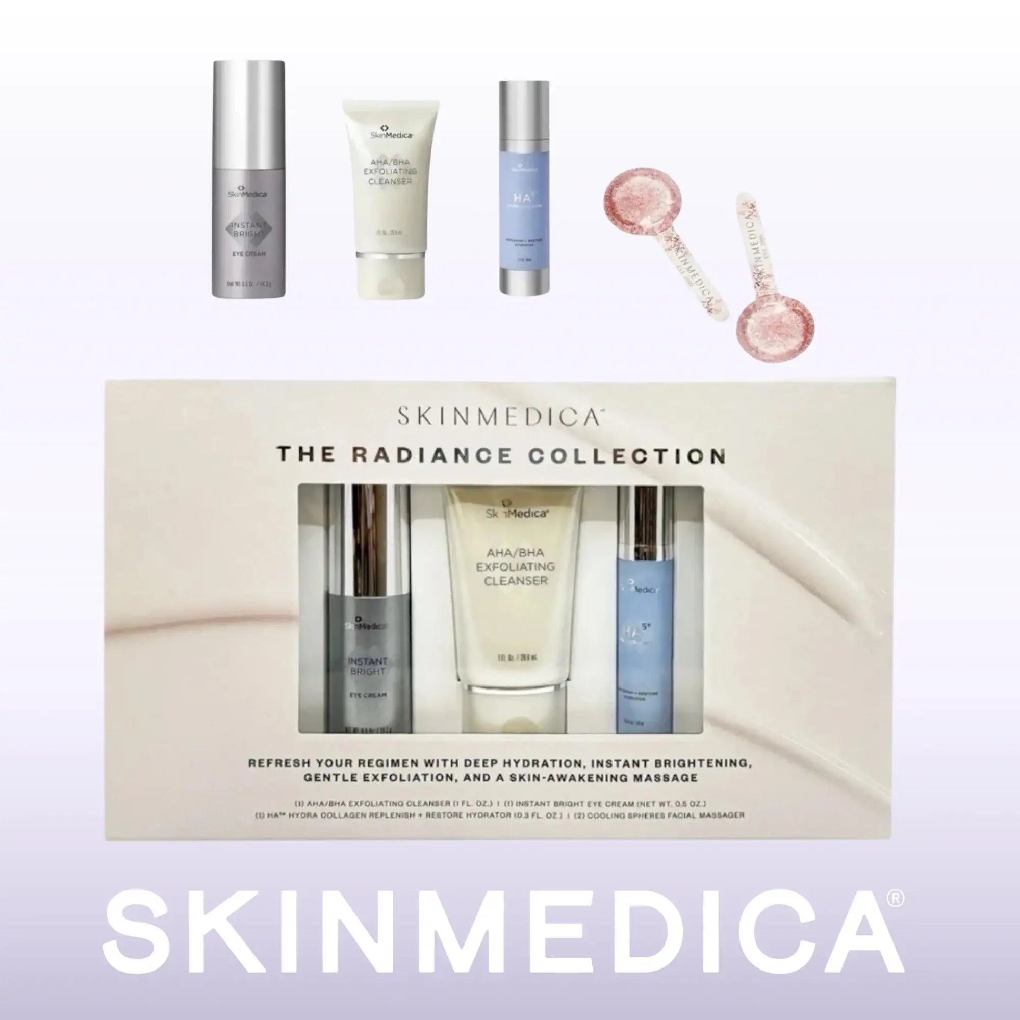 SkinMedica The Radiance Collection skincare set with cleanser, eye cream, hydrator, and massage tools.