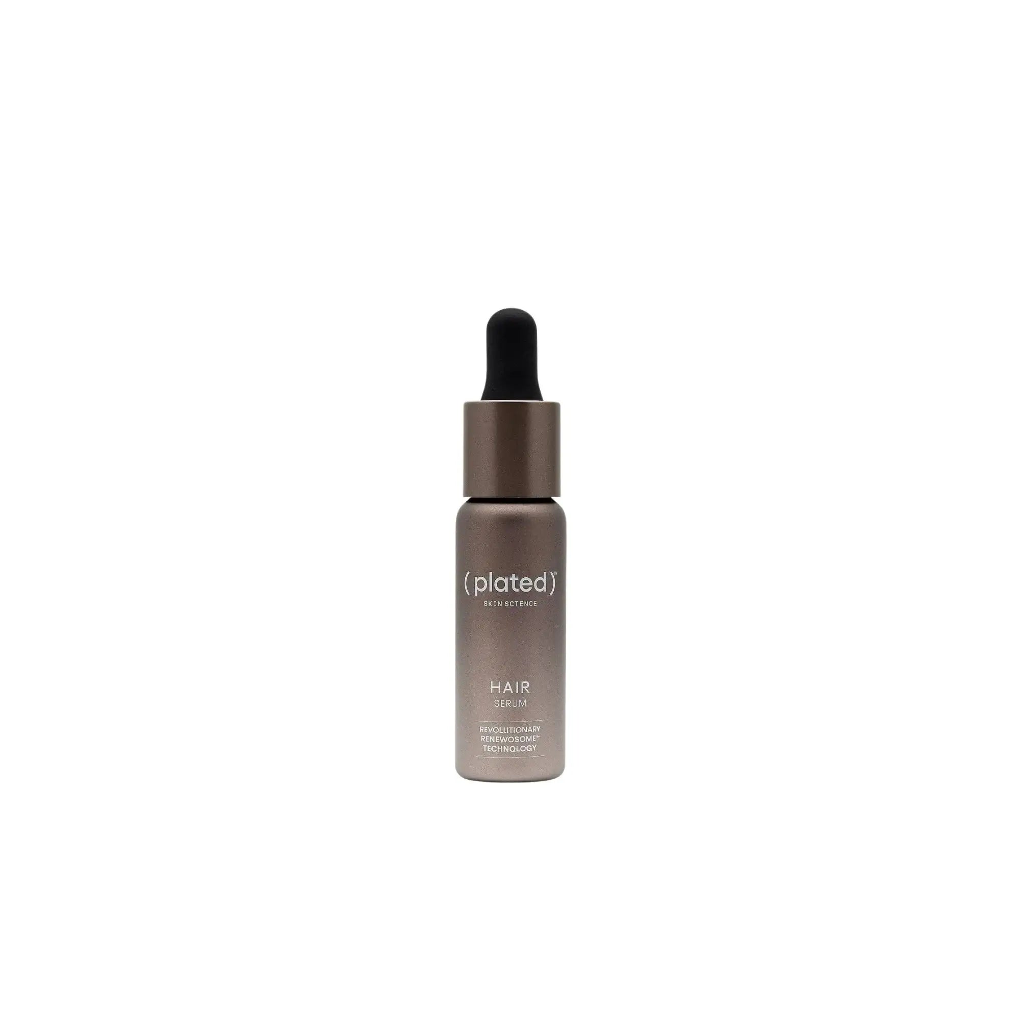 Plated hair serum bottle with dropper for hair care on white background