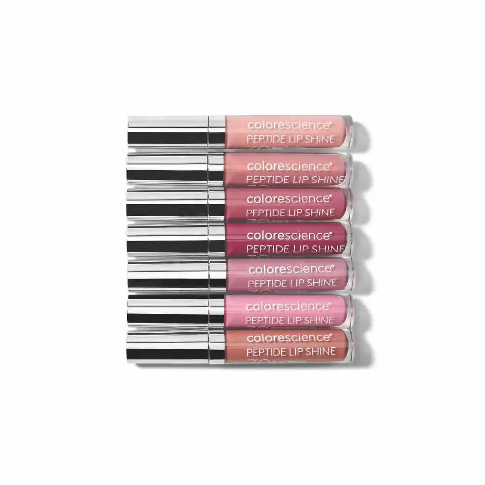 Set of six Colorescience Peptide Lip Shine tubes in assorted pink and nude shades