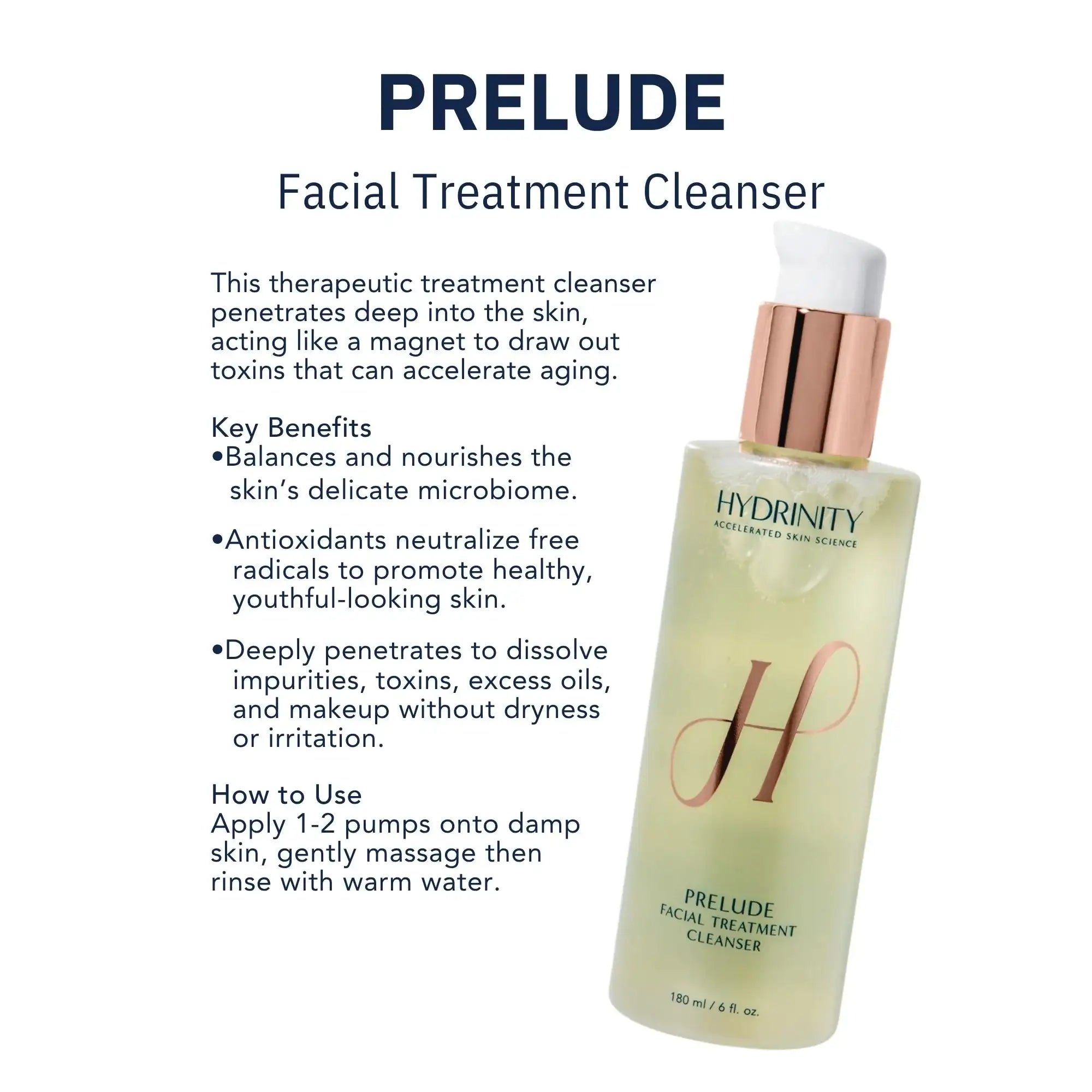 Hydrinity Prelude Facial Treatment Cleanser bottle with pump, skincare product benefits listed
