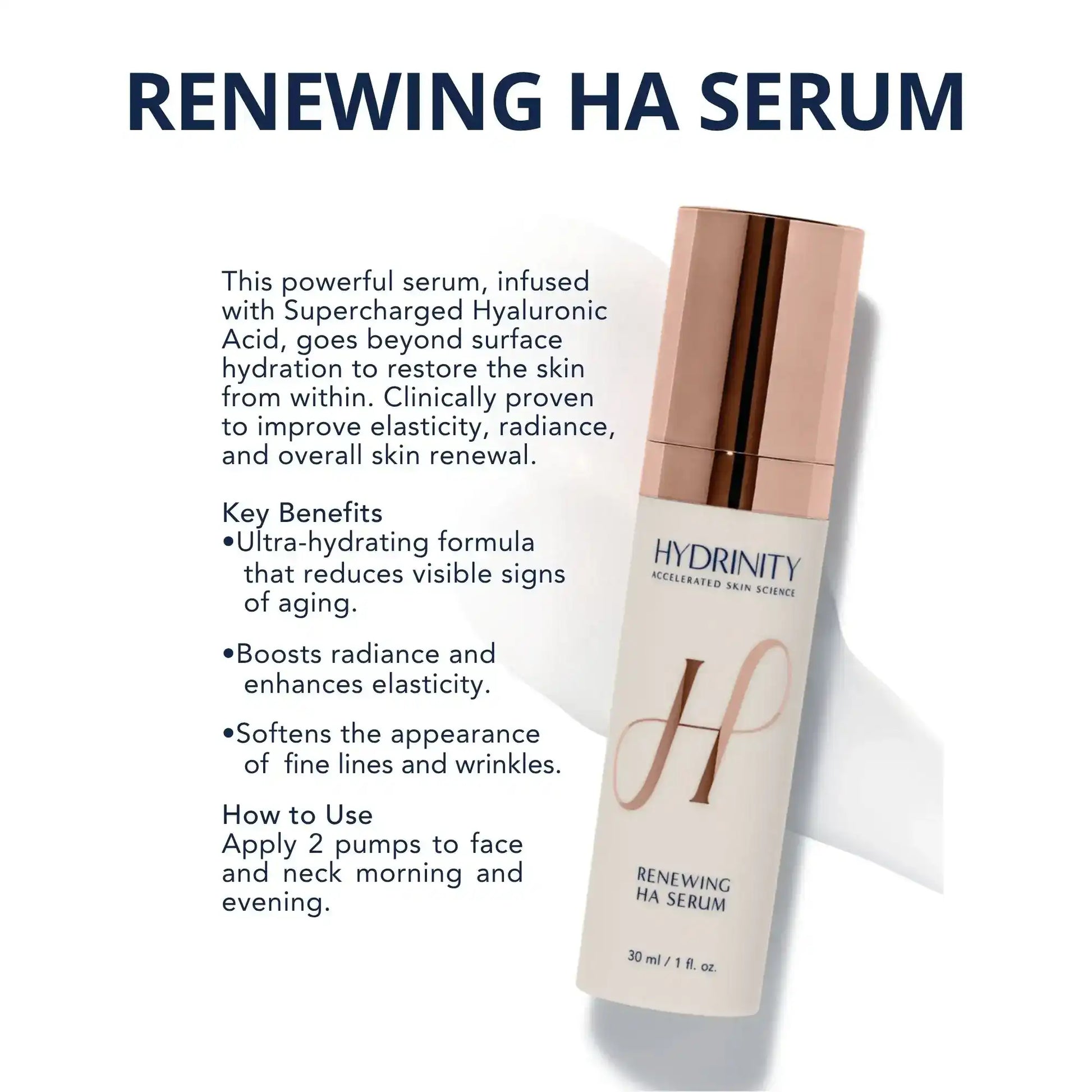 Hydrinity Renewing HA Serum bottle with hydrating skincare benefits text, 30ml size