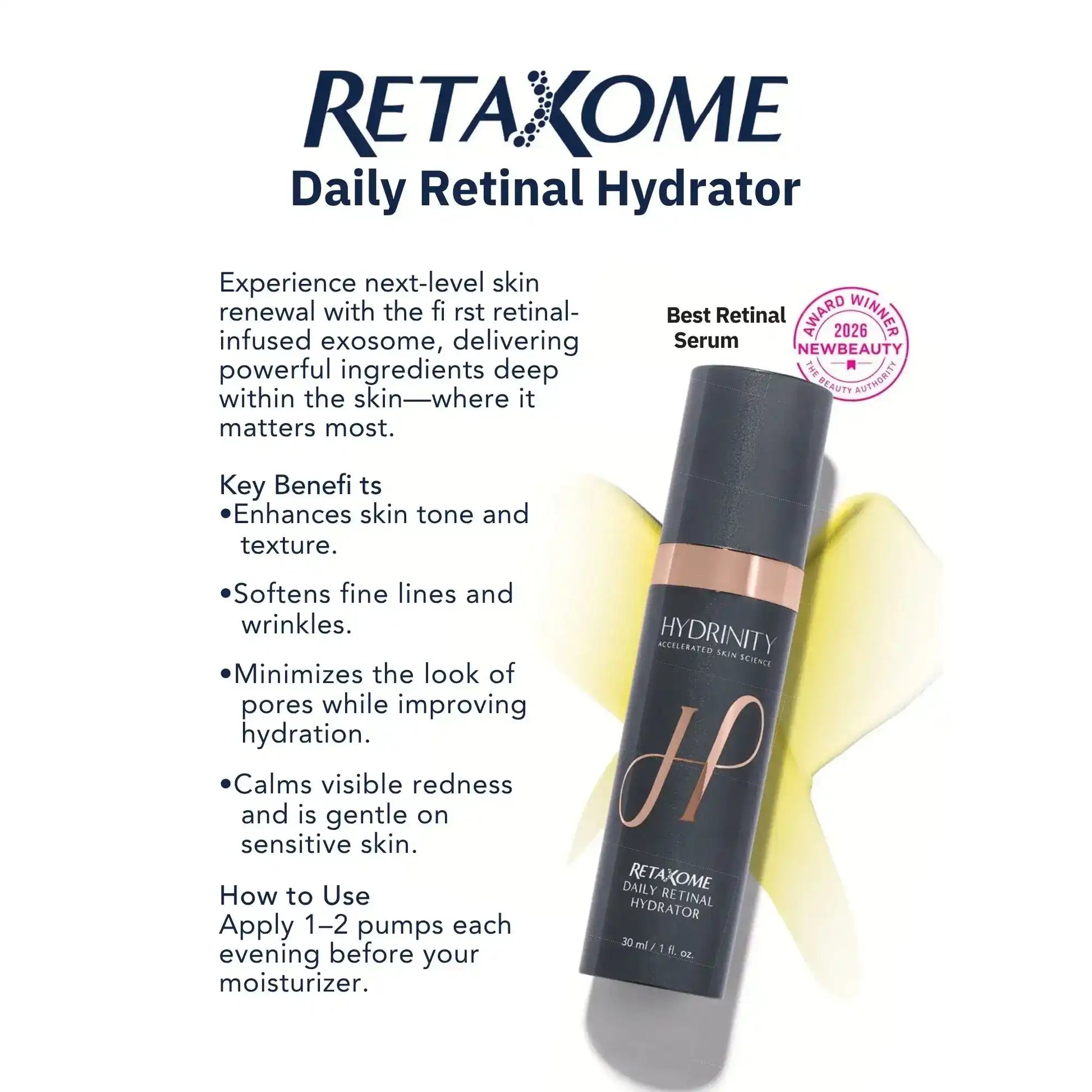 Hydrinity Retaxome Daily Retinal Hydrator serum bottle with award badge and key benefits listed.