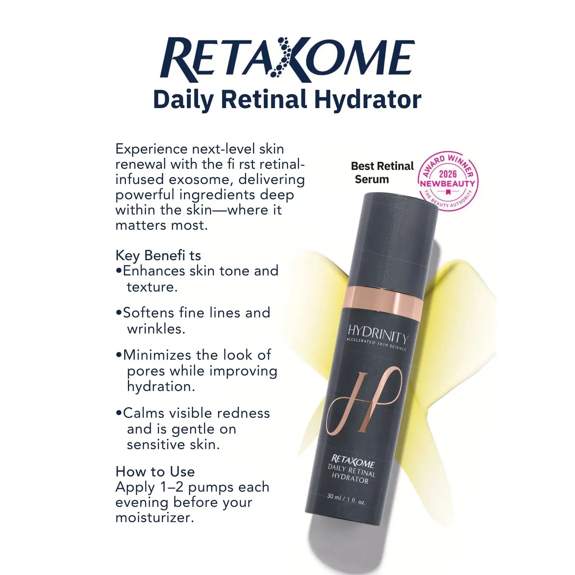 Hydrinity Retaxome Daily Retinal Hydrator serum bottle with award badge and key benefits listed.