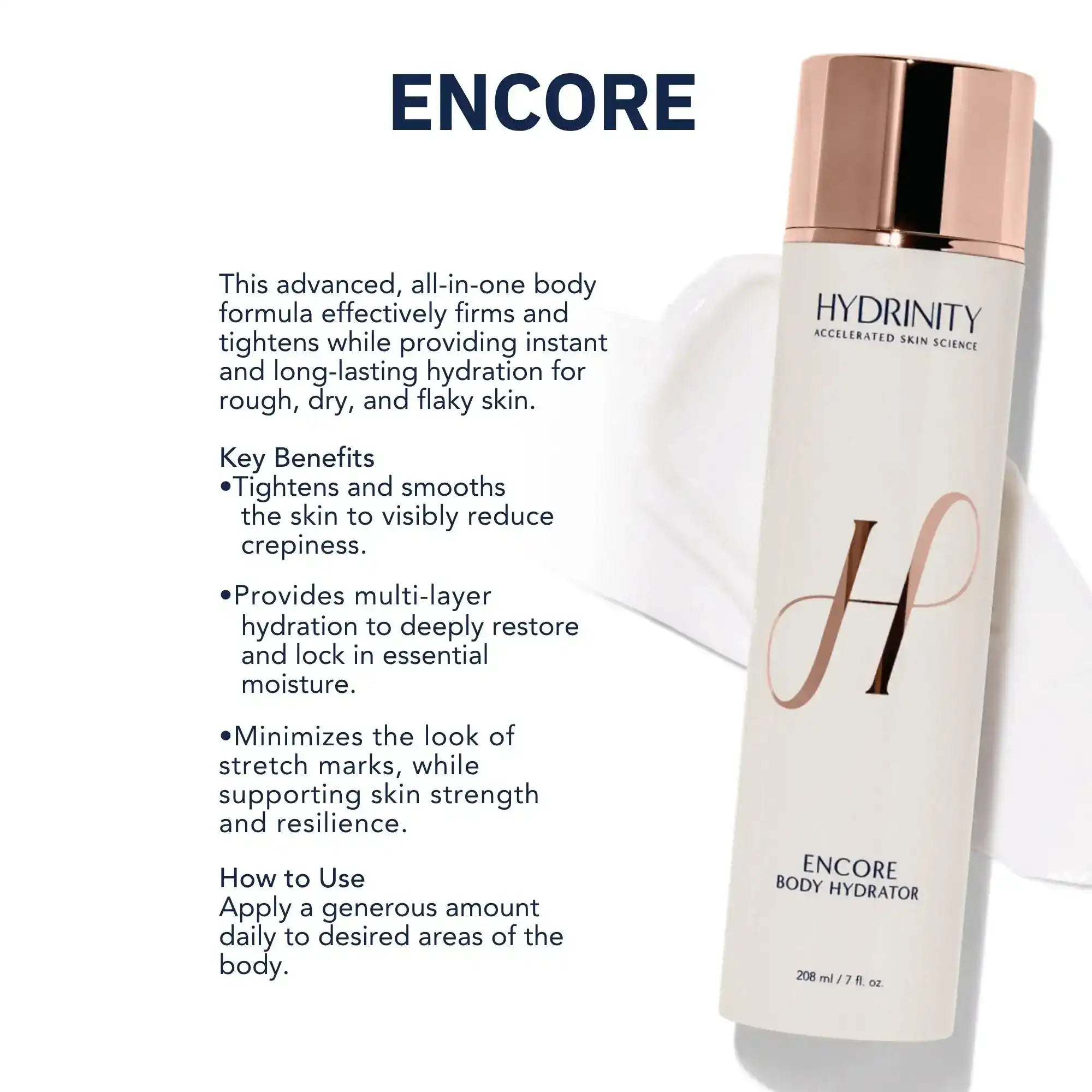 Hydrinity Encore Body Hydrator bottle with text highlighting body moisturizer benefits