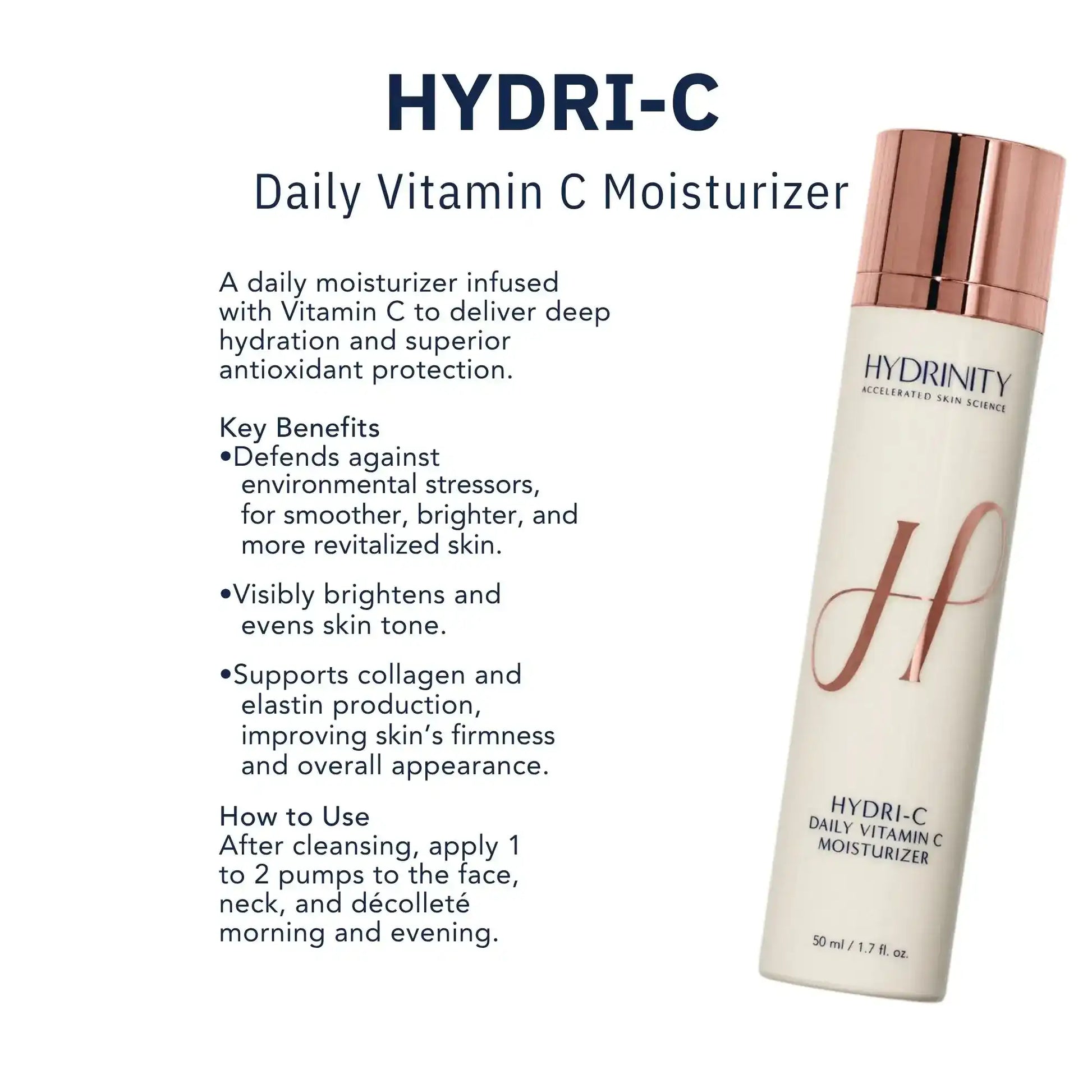 Hydrinity Hydri-C Daily Vitamin C Moisturizer bottle with skincare benefits and usage instructions