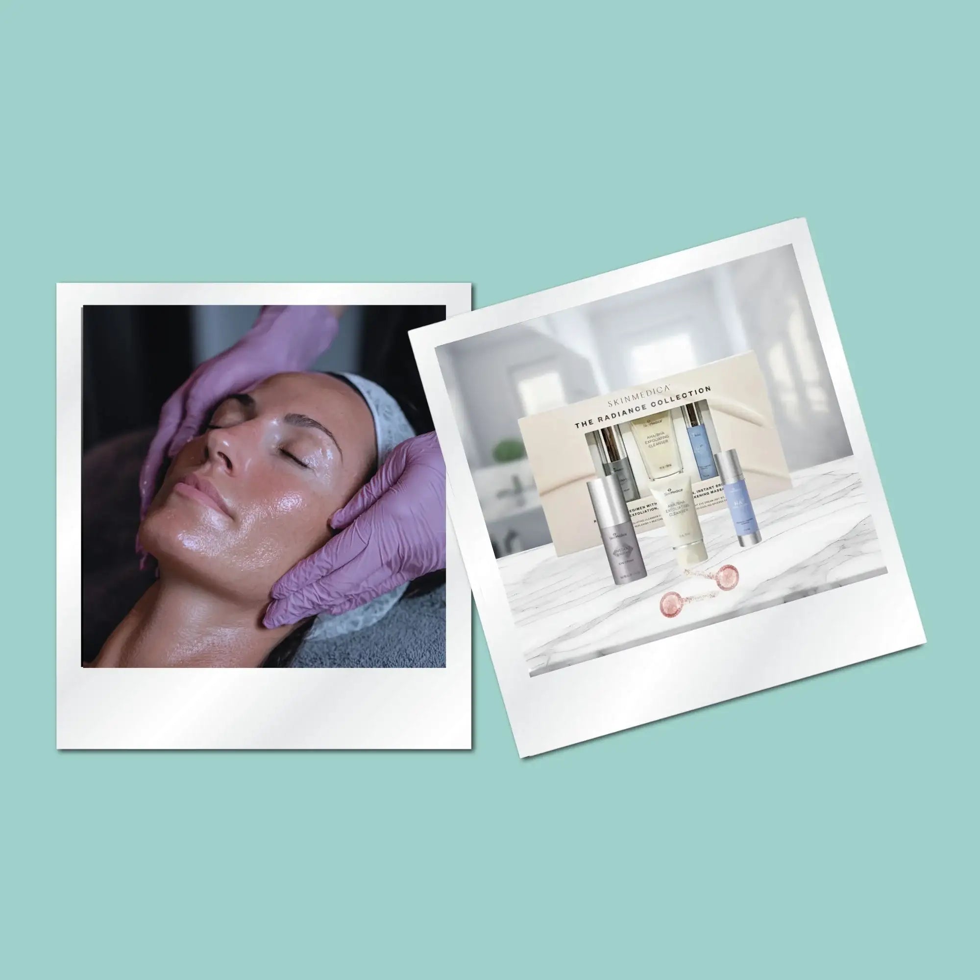 Woman receiving facial treatment with SkinMedica Radiance Collection skincare products