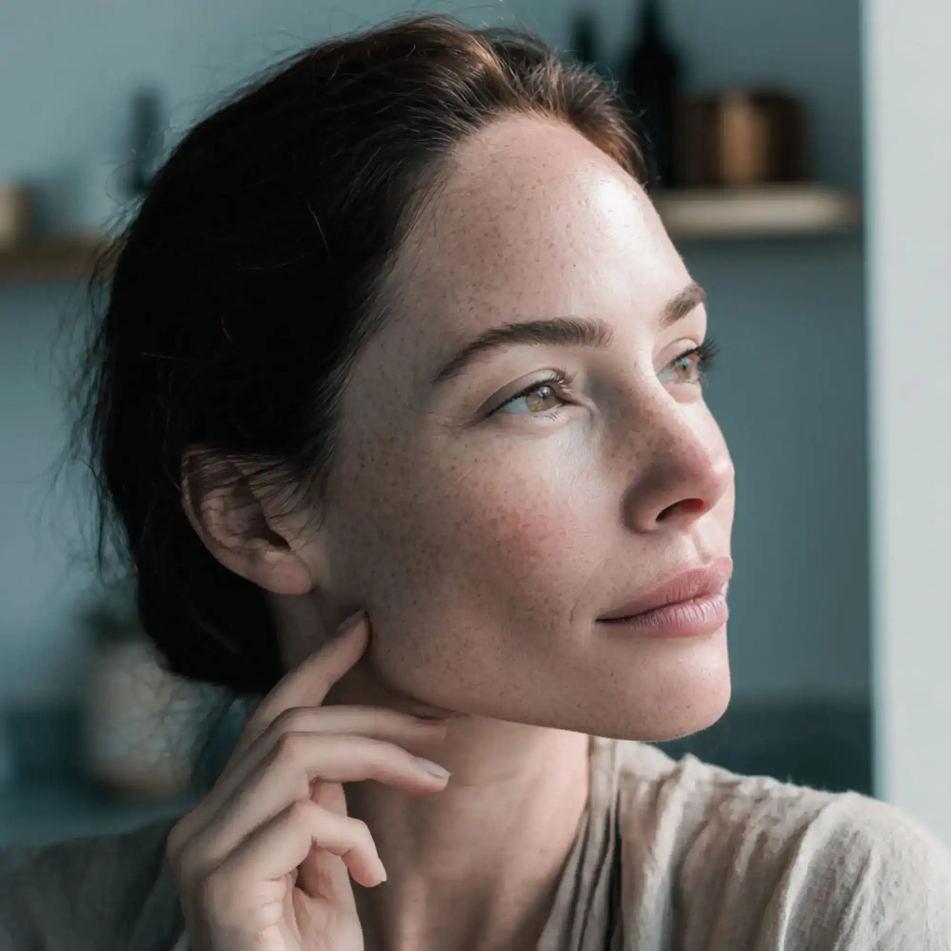 Woman with freckled skin gently touching her cheek, showcasing natural skincare results