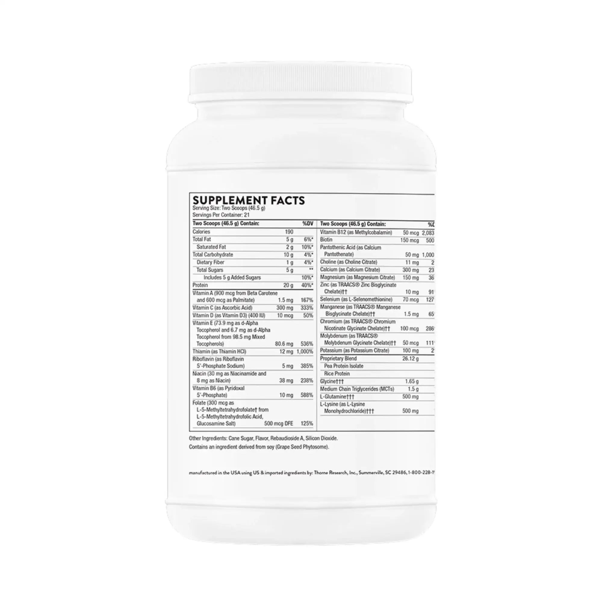 Supplement facts label on a white bottle, detailing vitamins, minerals, and ingredients for wellness.