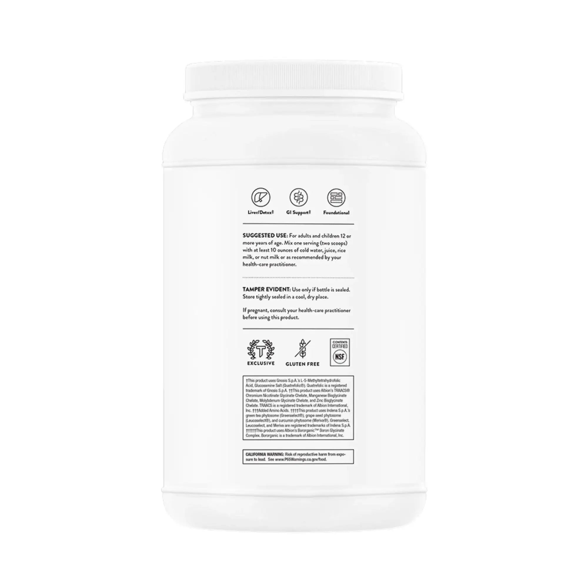 White supplement bottle back label showing liver detox, GI support, gluten-free, NSF certified, and usage instructions.