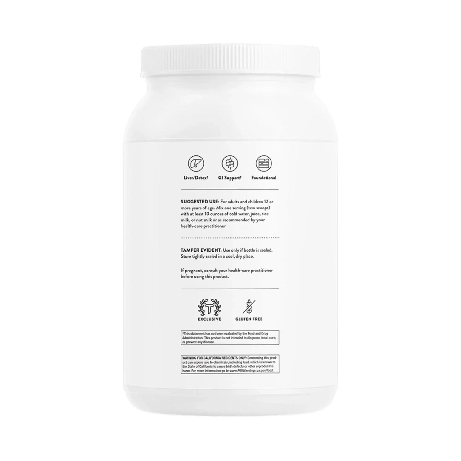 White supplement bottle with liver detox, GI support, and gluten-free labels for wellness