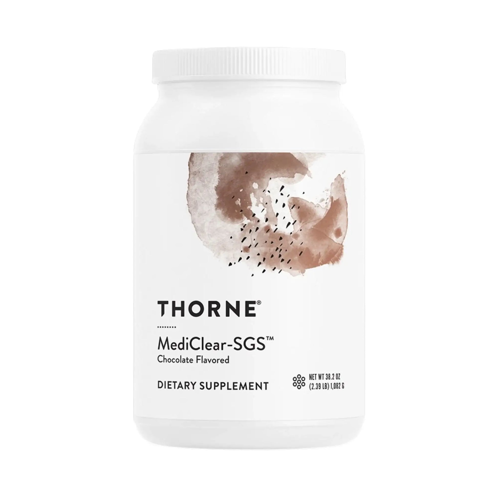 Thorne MediClear-SGS chocolate flavored dietary supplement bottle, clinician-curated wellness product