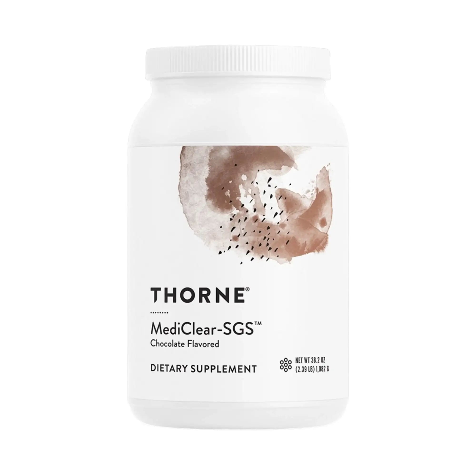 Thorne MediClear-SGS chocolate flavored dietary supplement bottle, clinician-curated wellness product