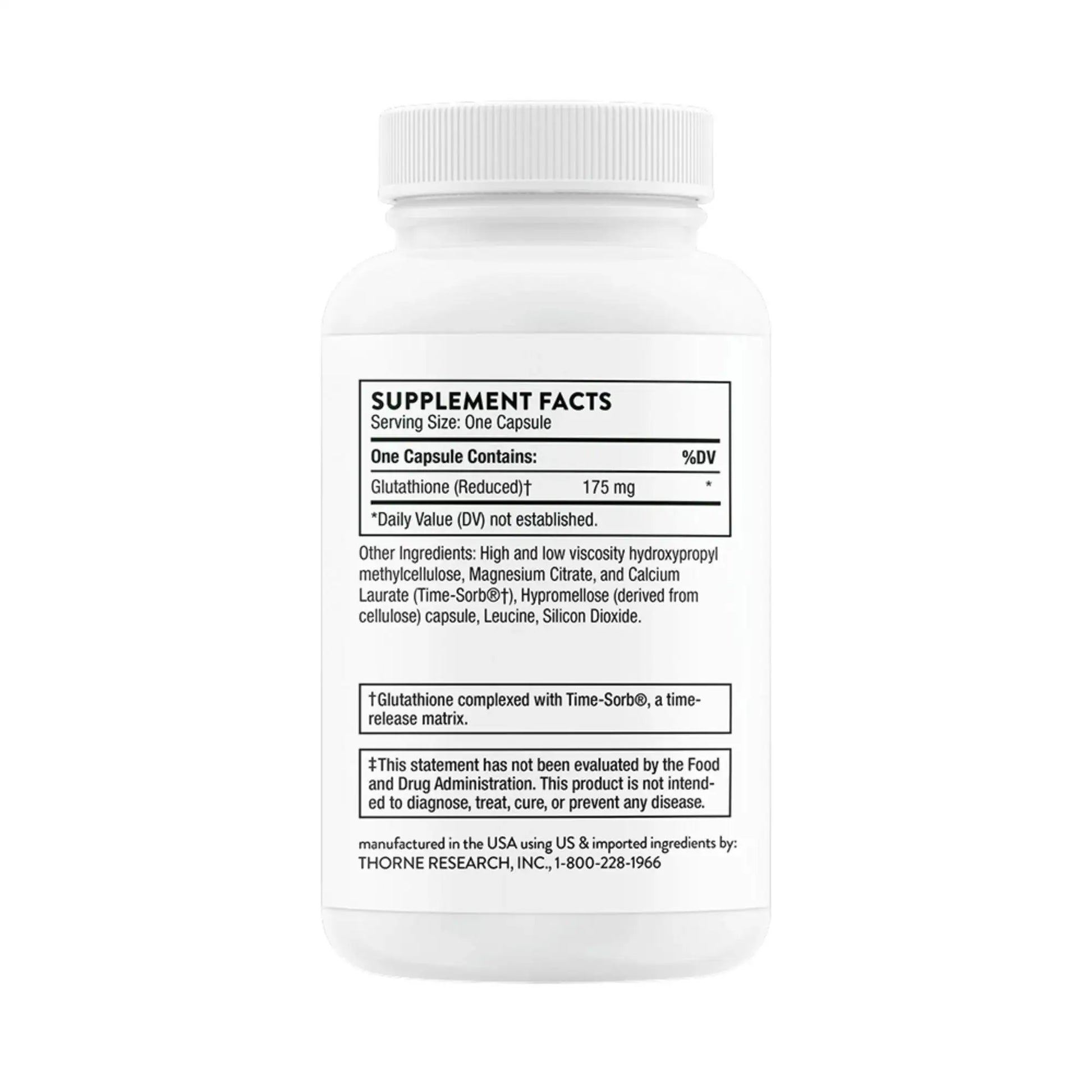 White supplement bottle with glutathione label, time-release formula, USA manufactured