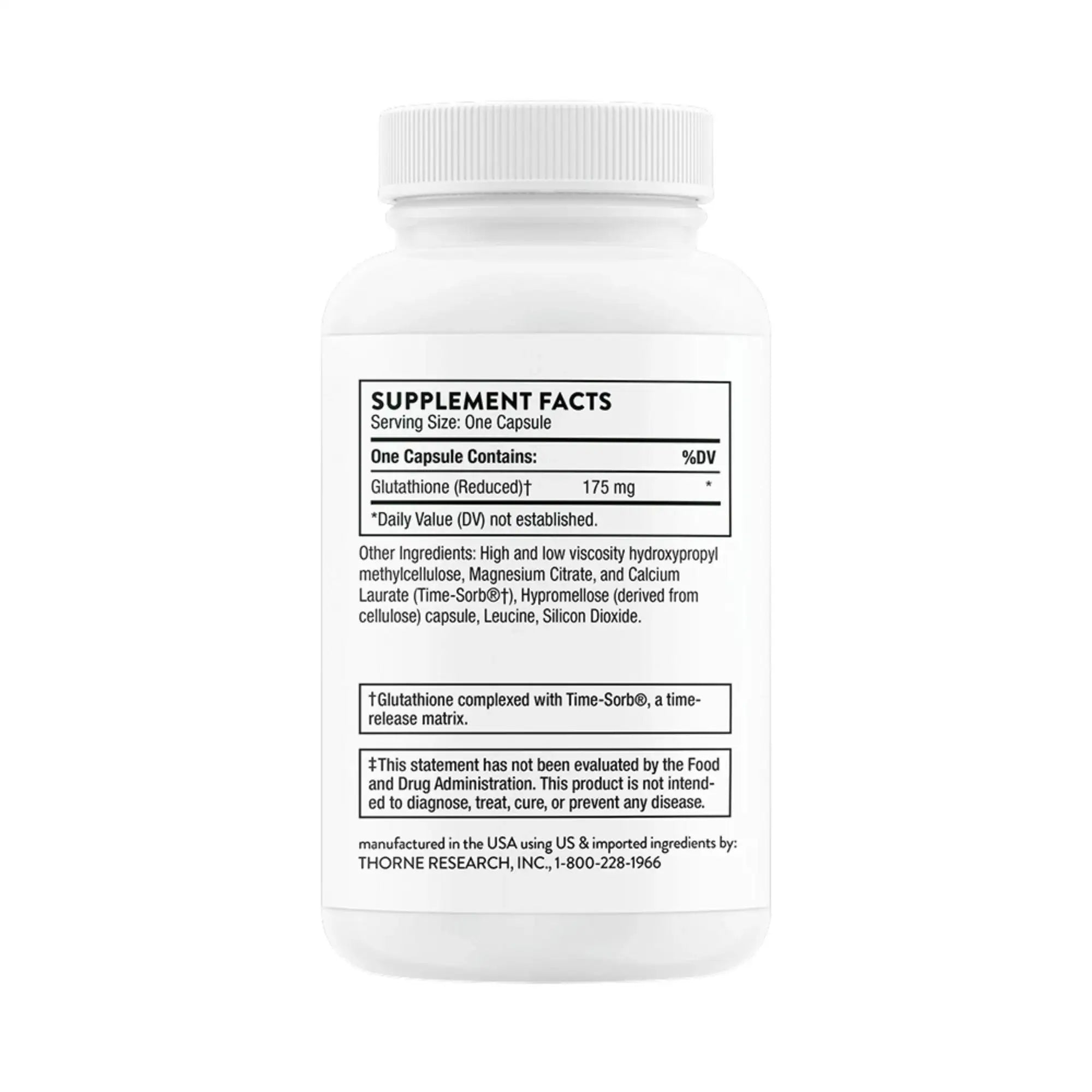 White supplement bottle with glutathione label, time-release formula, USA manufactured